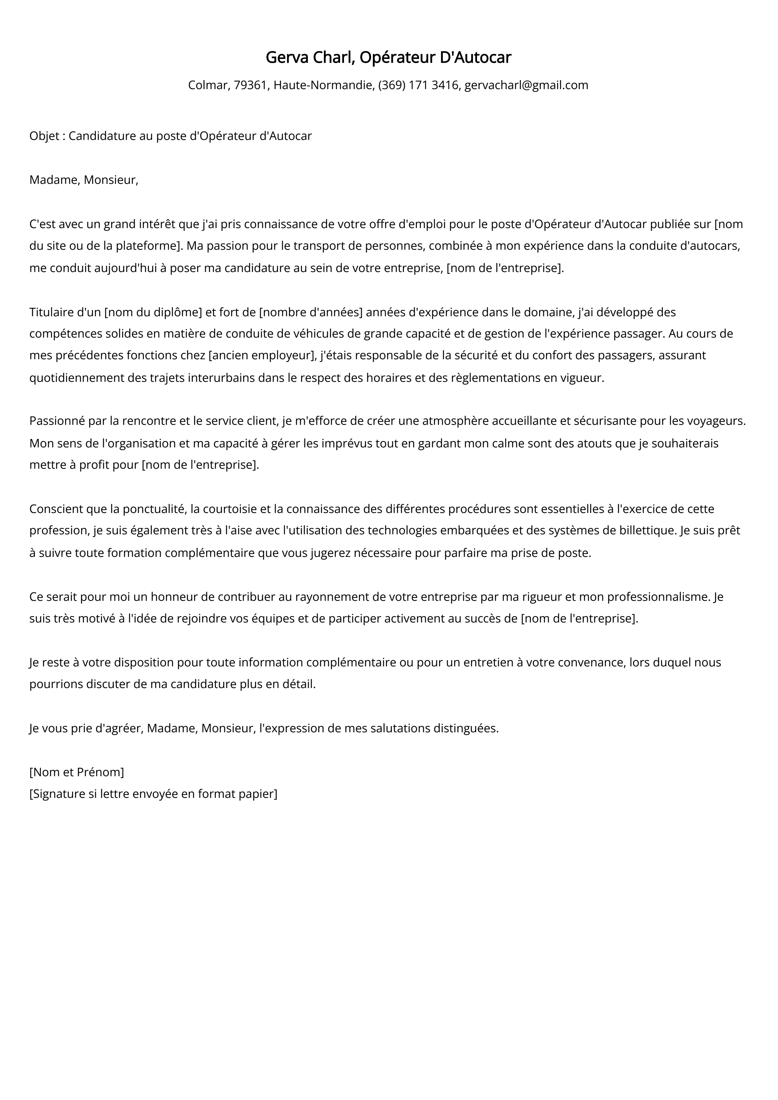 Lettre de motivation de l'Opérateur D'Autocar Exemple