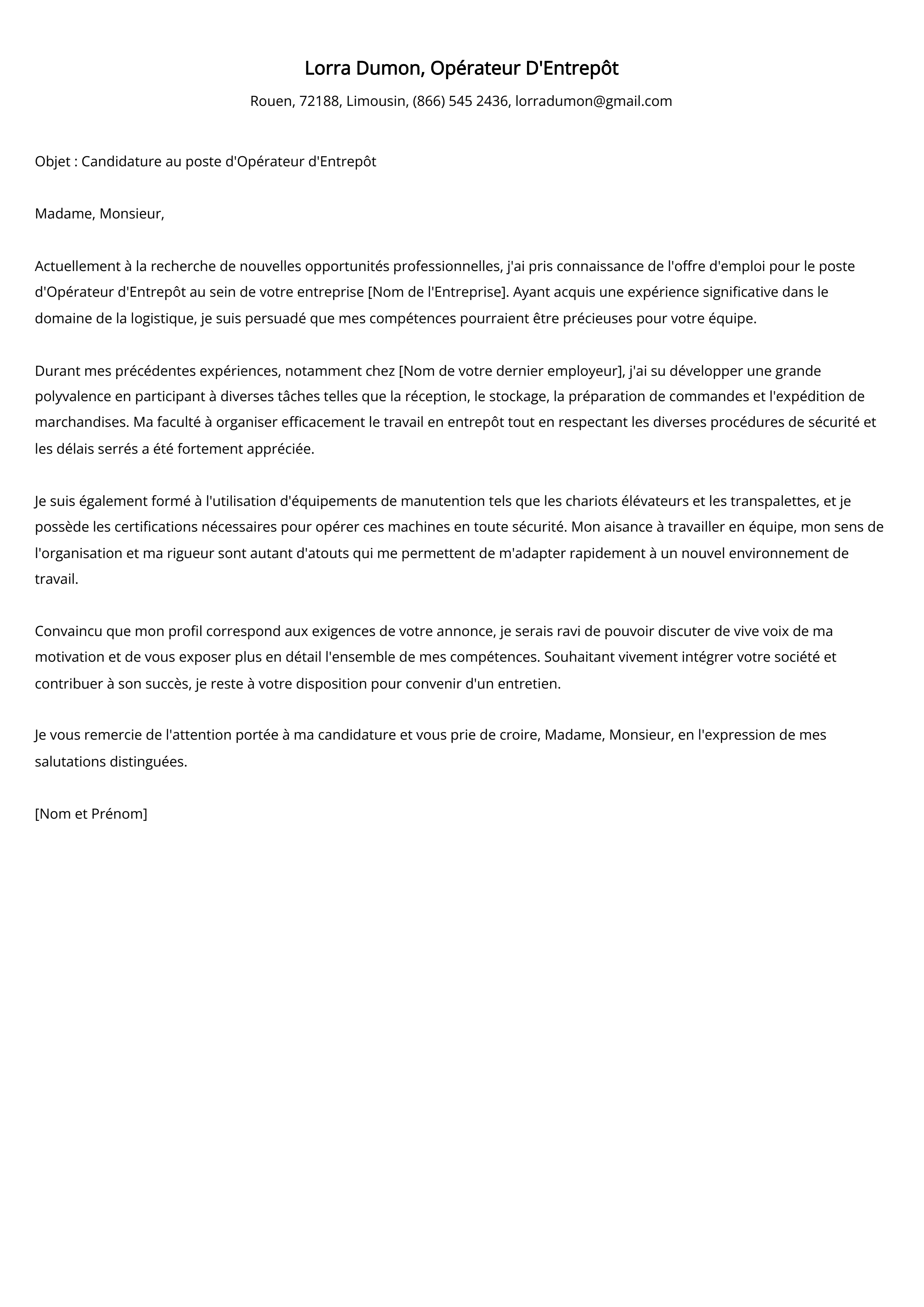 Lettre de motivation de l'Opérateur D'Entrepôt Exemple de lettre de motivation