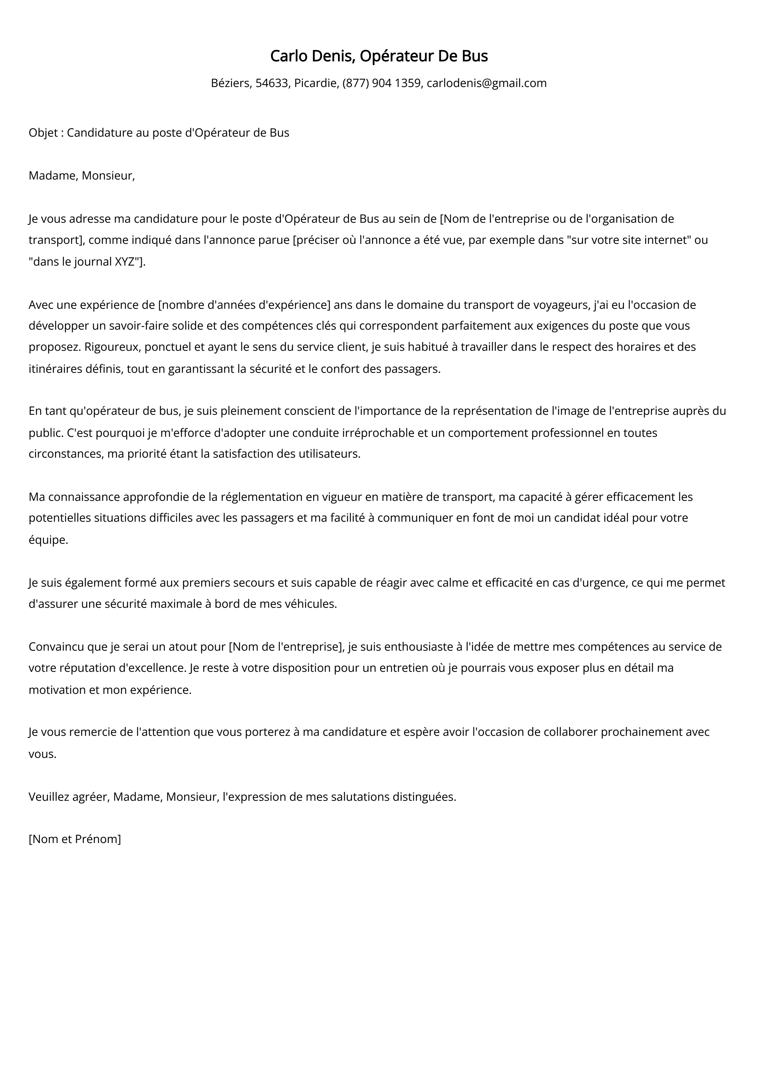 Lettre d'accompagnement d'un opérateur de bus