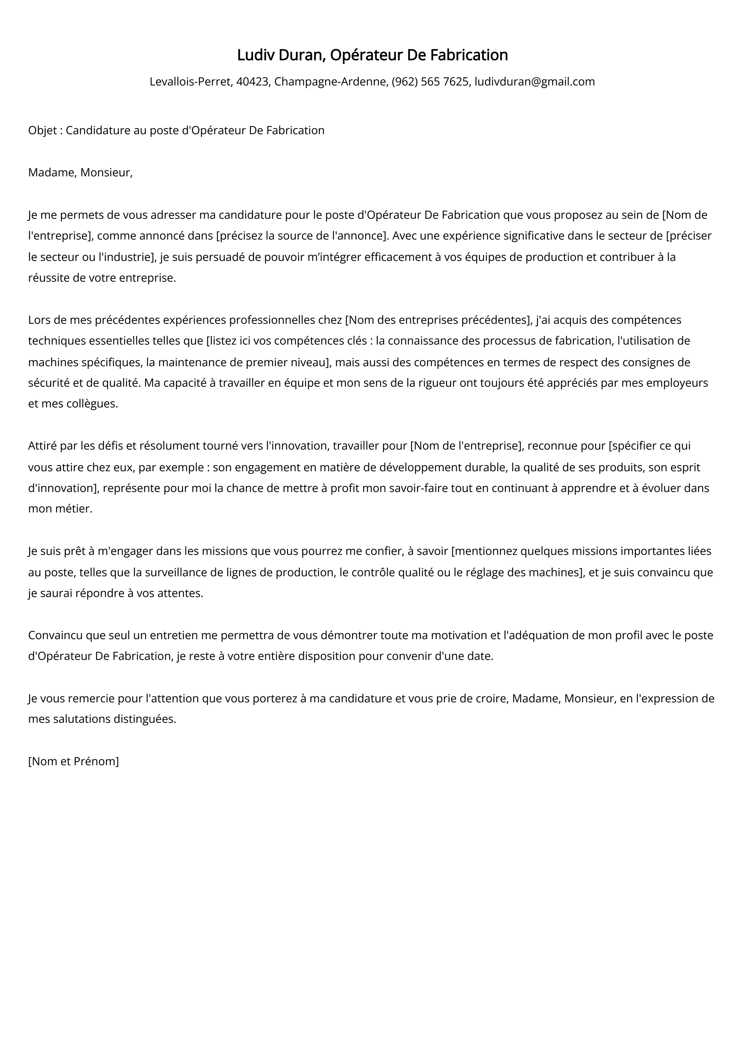 Lettre de motivation de l'opérateur de fabrication