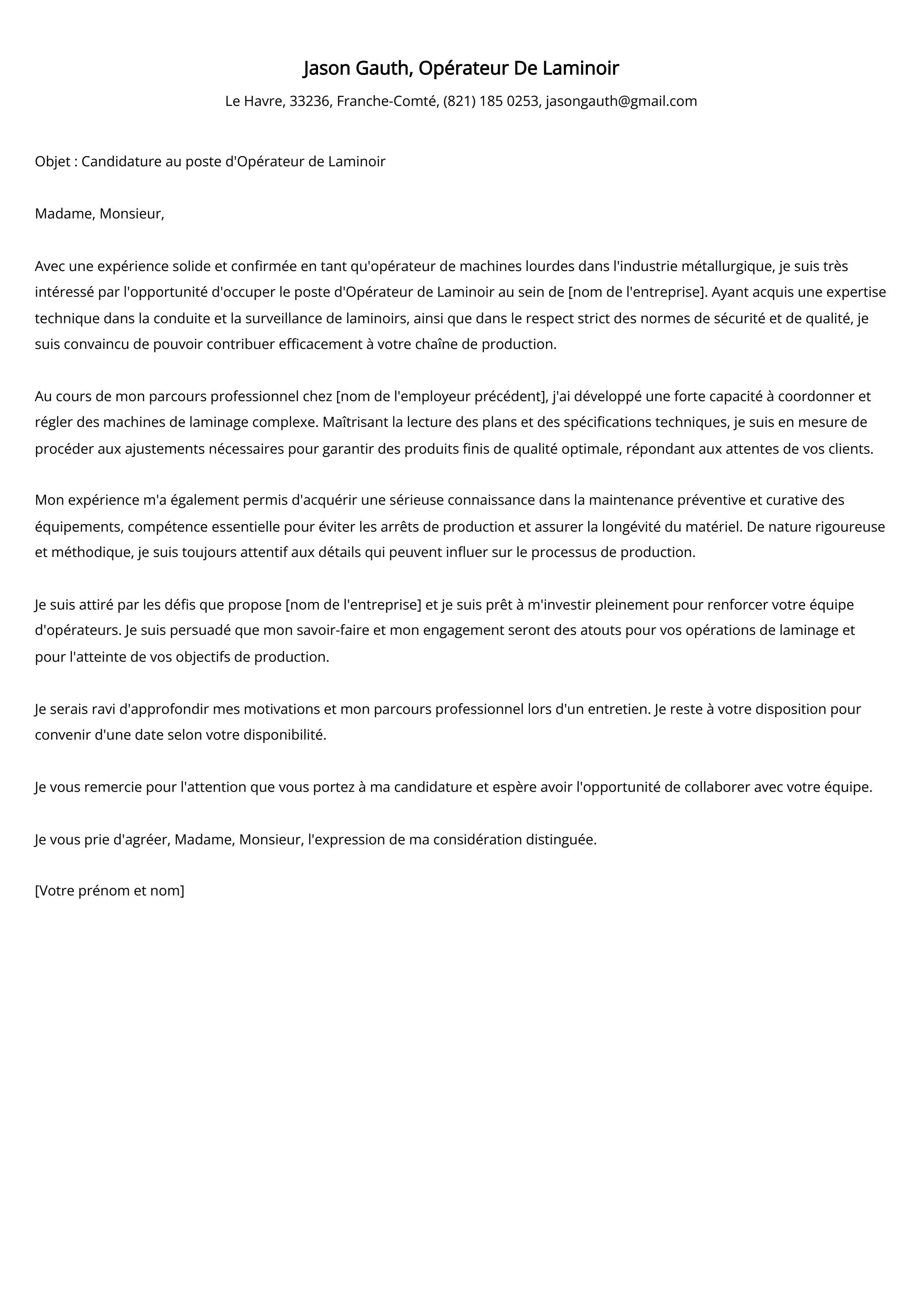 Lettre d'accompagnement de l'Opérateur De Laminoir Exemple