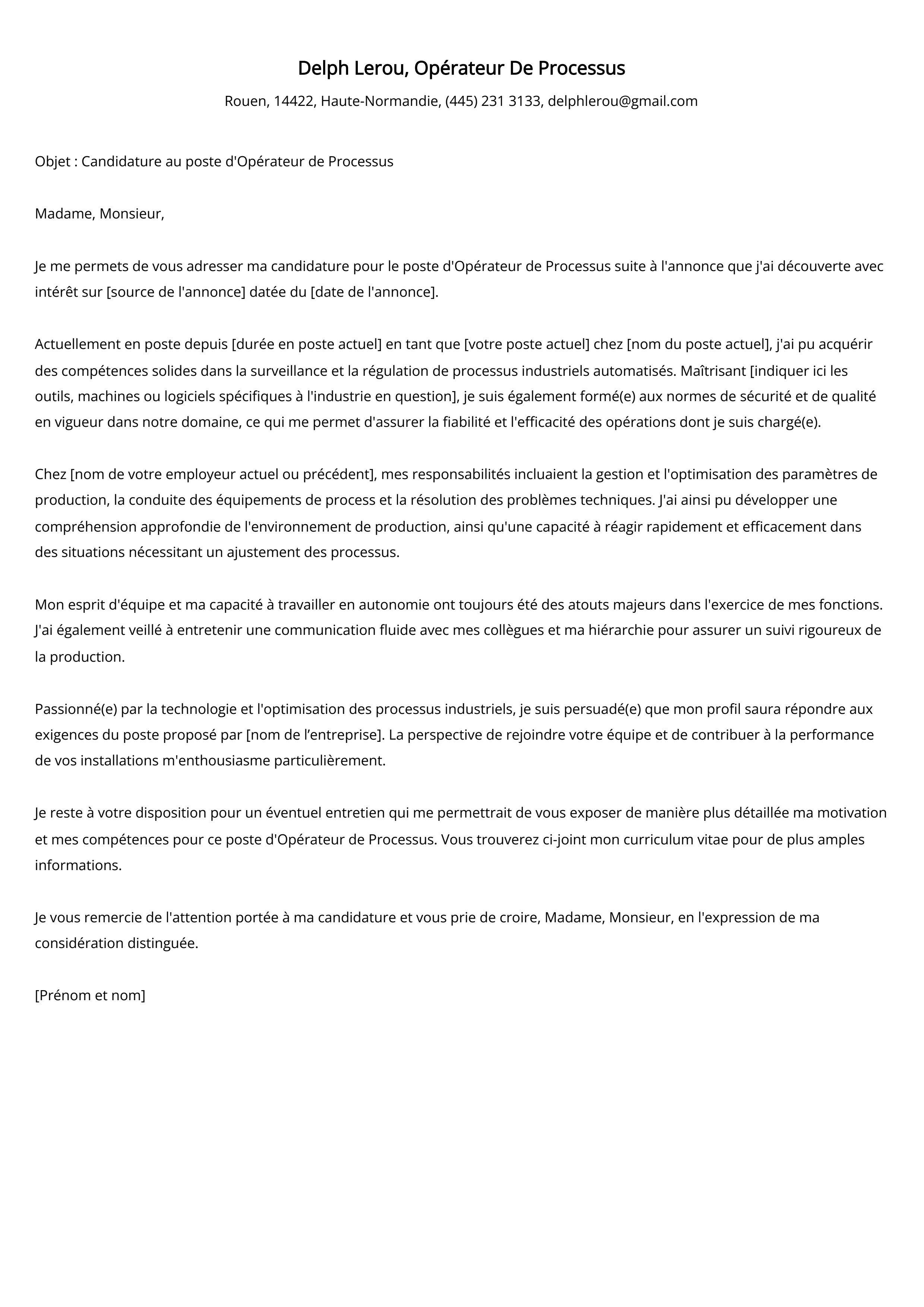 Lettre de motivation de l'opérateur de processus