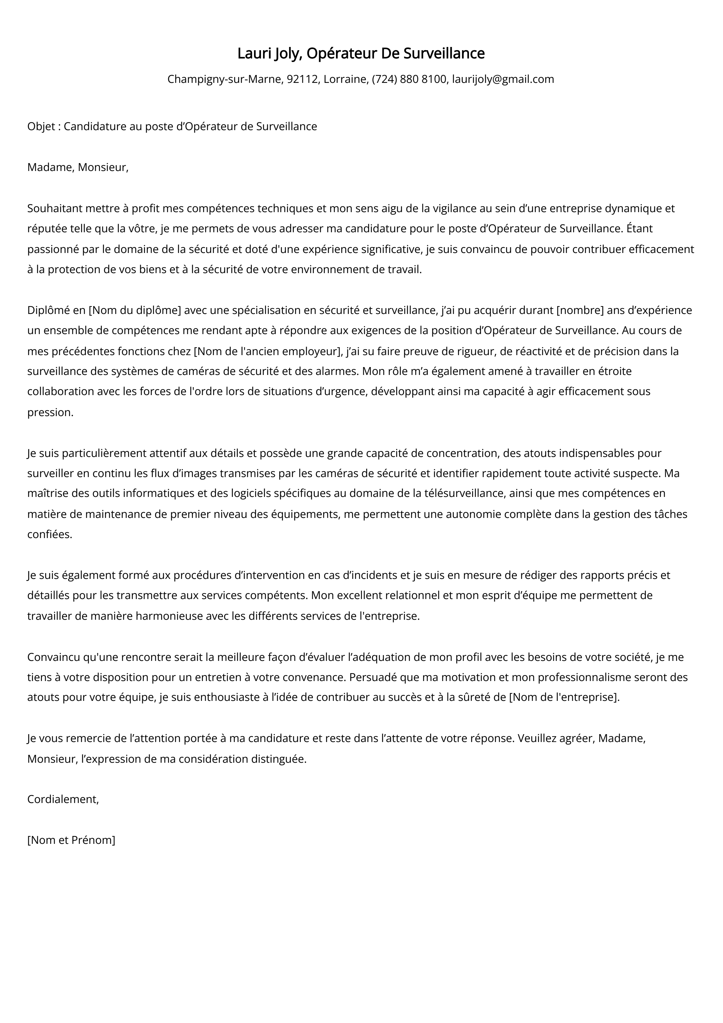 Exemple de lettre de couverture pour un opérateur de surveillance