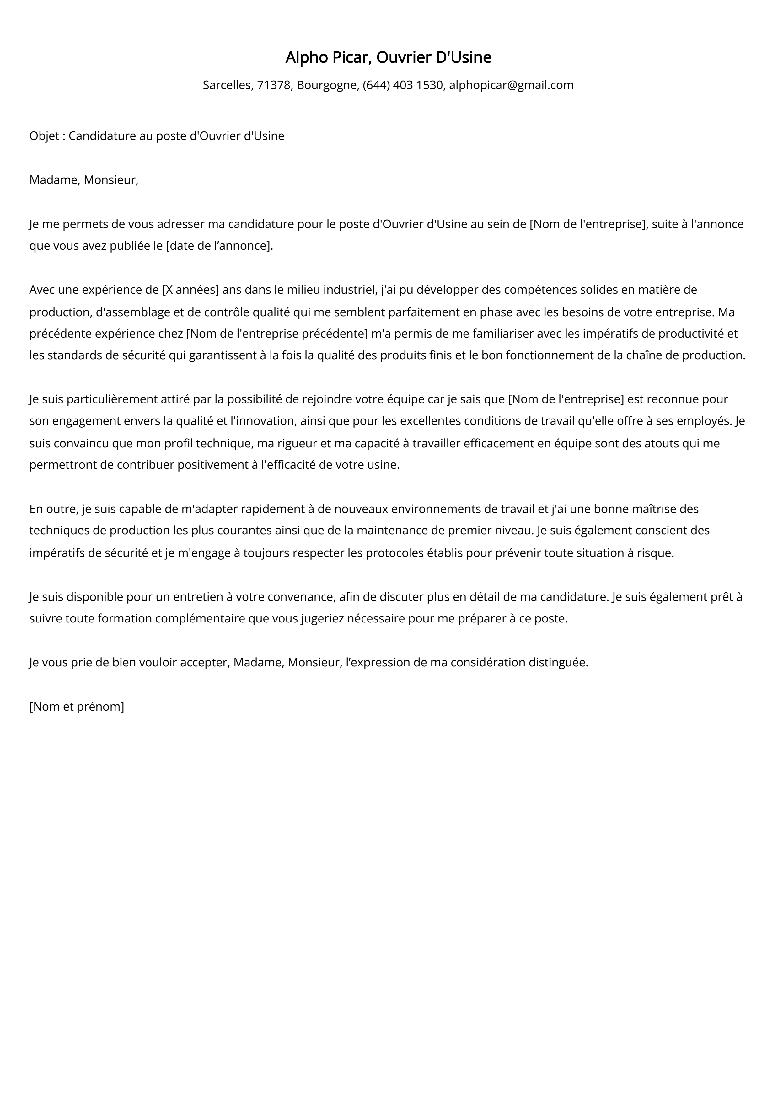 Ouvrier D'Usine Cover Letter Example