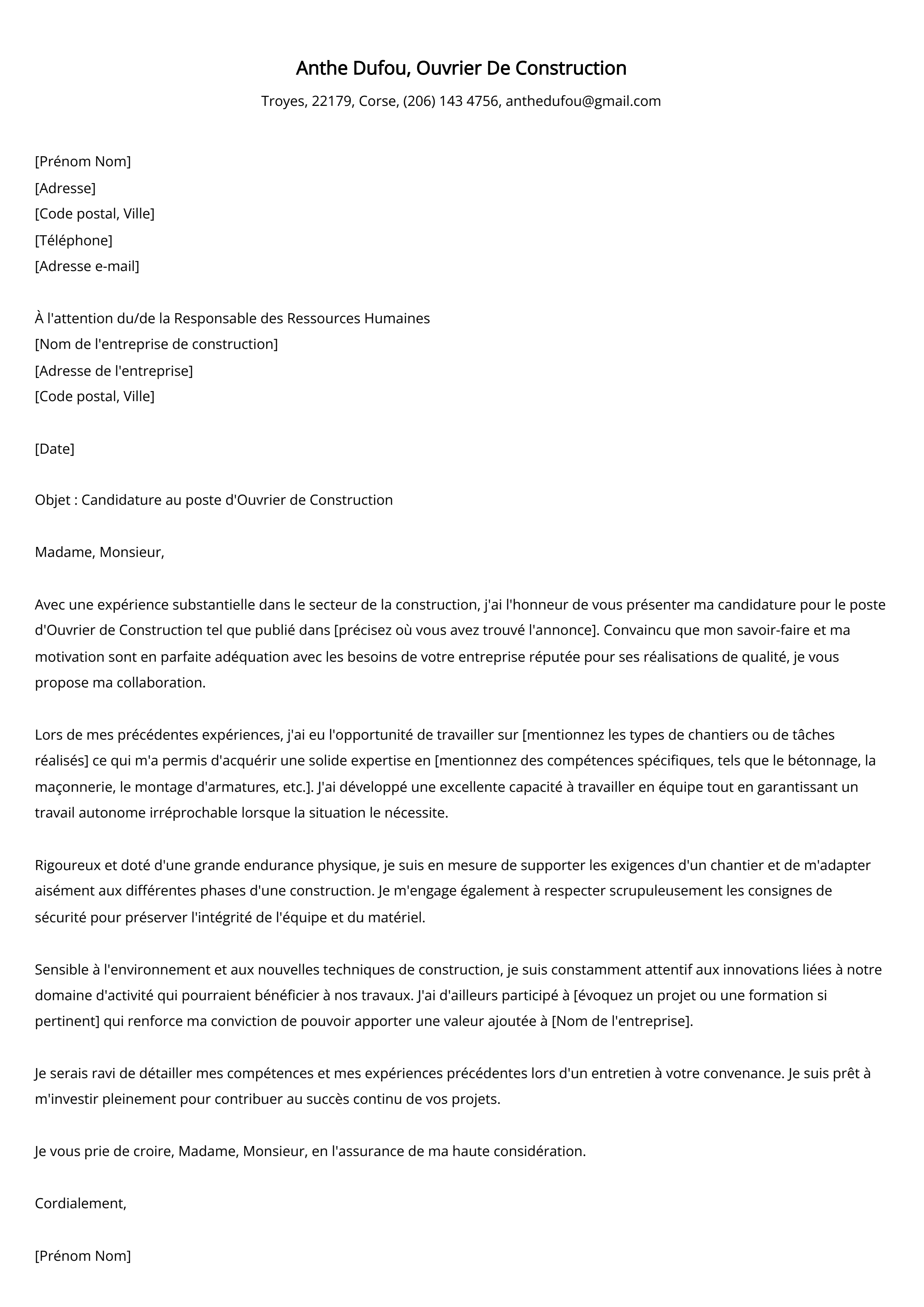 Ouvrier De Construction Cover Letter Example