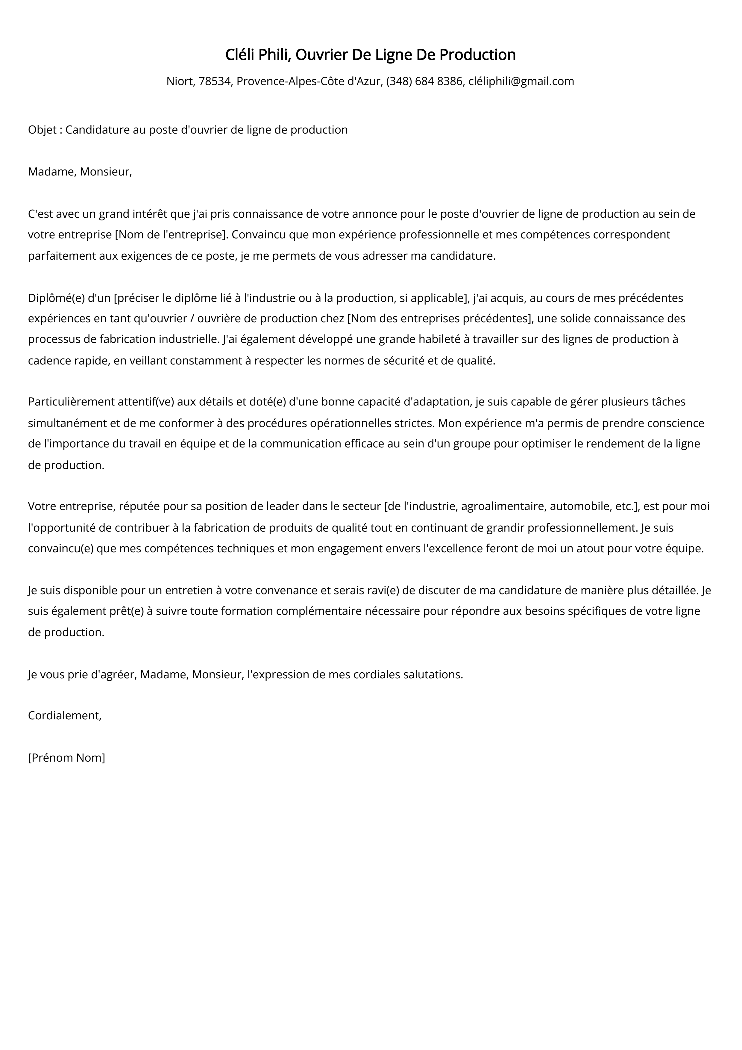 Ouvrier De Ligne De Production Cover Letter Example