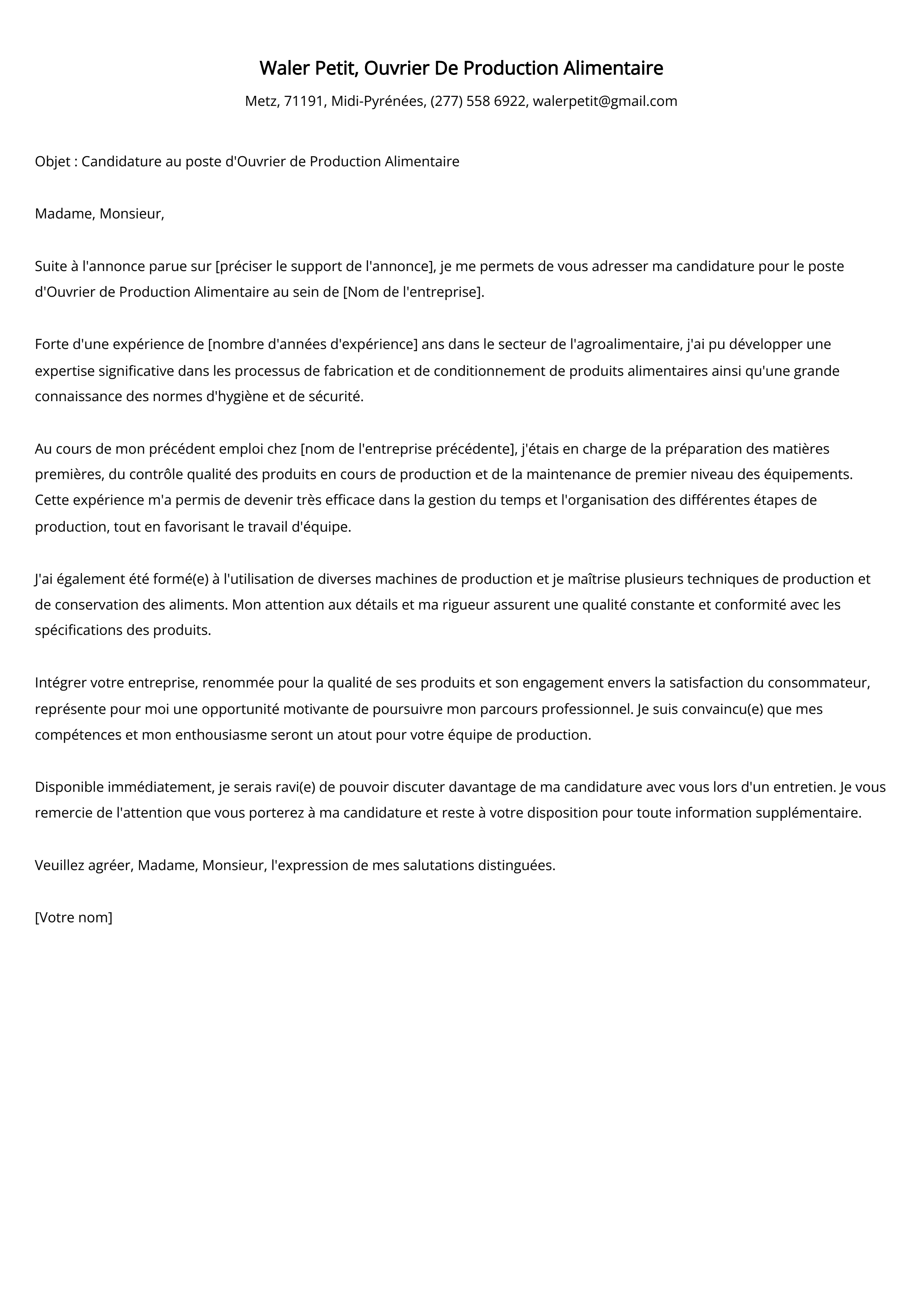 Ouvrier De Production Alimentaire Cover Letter Example