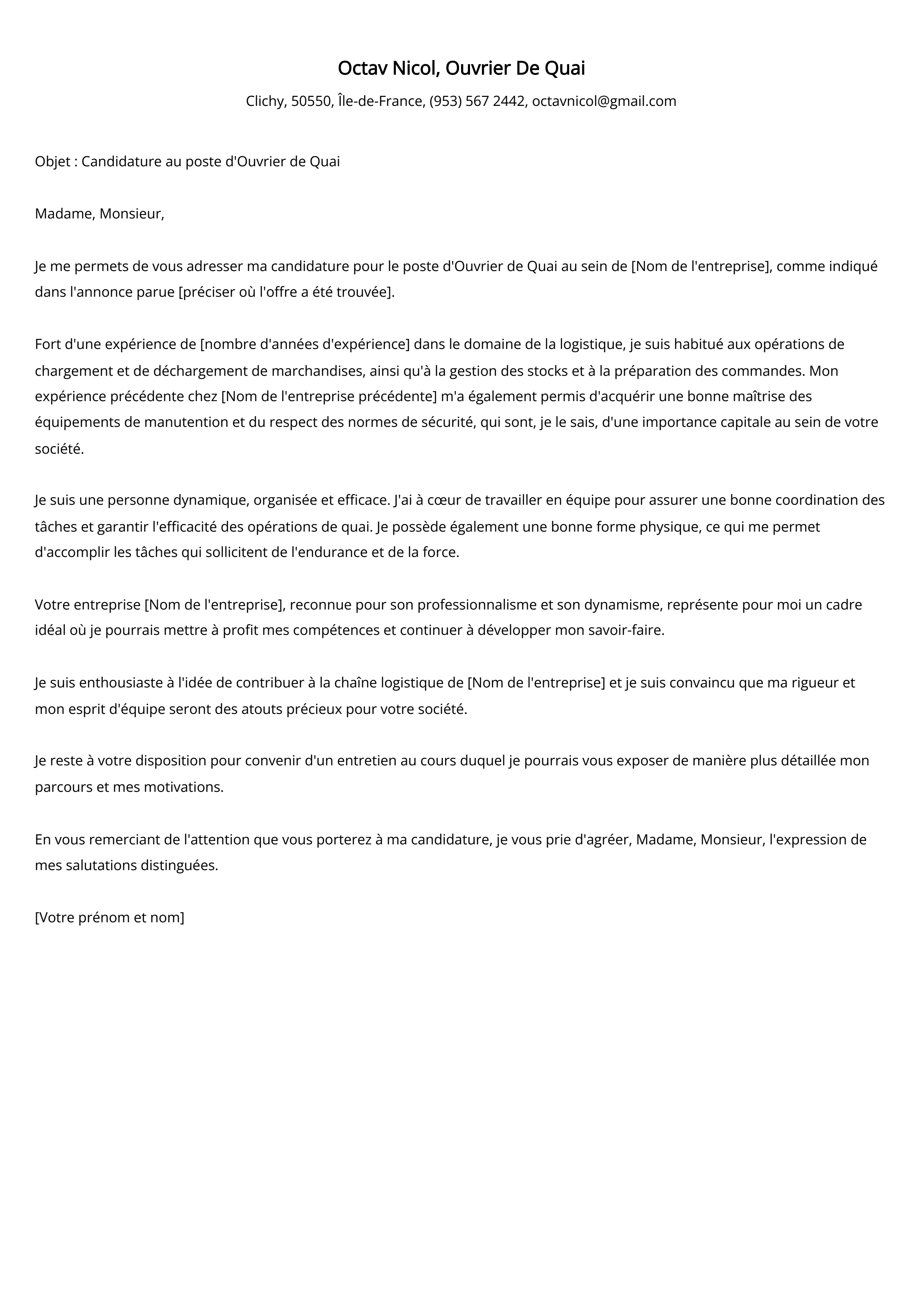 Ouvrier De Quai Cover Letter Example