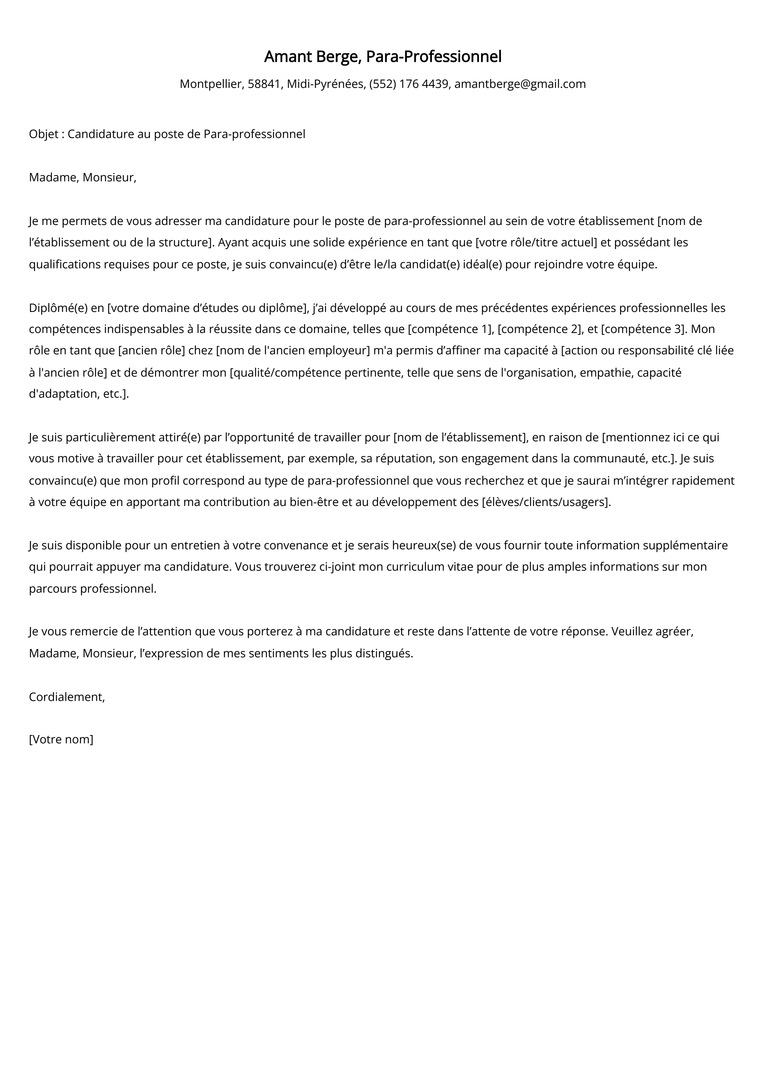 Exemple de lettre de motivation pour un para-professionnel