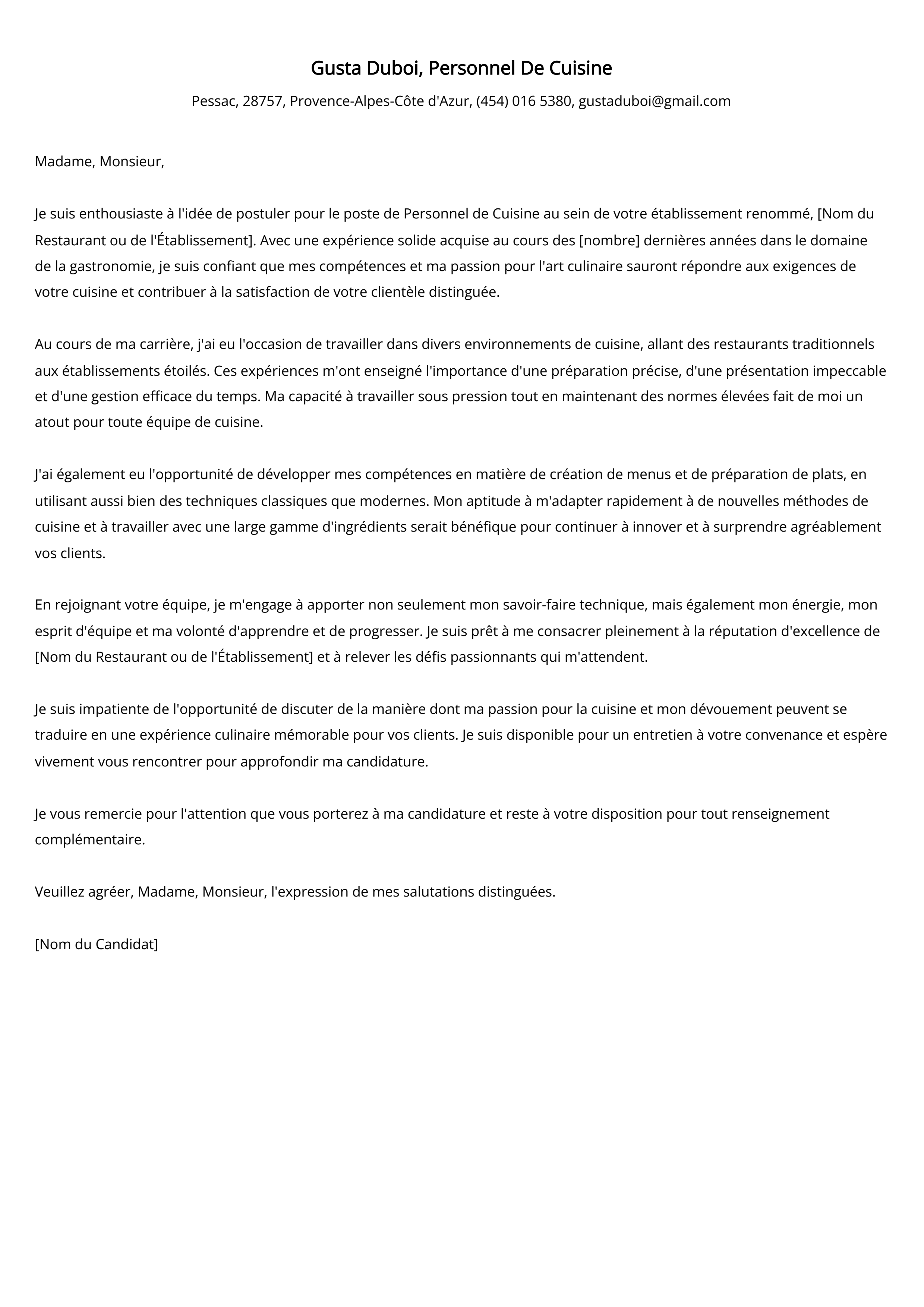 Personnel De Cuisine Cover Letter Example