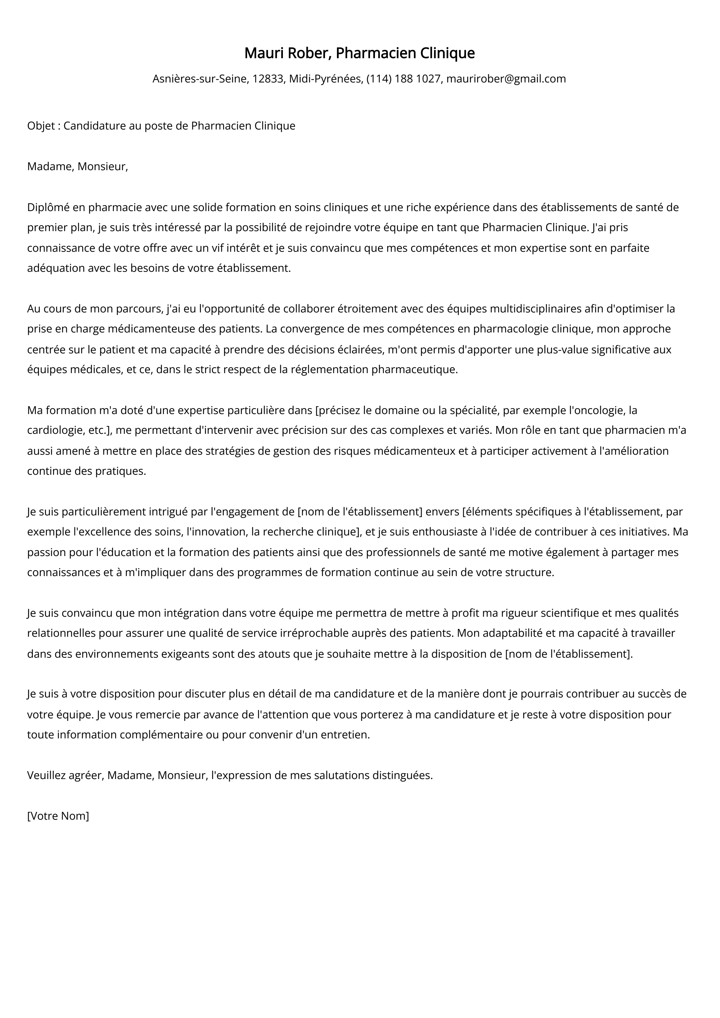 Exemple de lettre de motivation pour Pharmacien Clinique