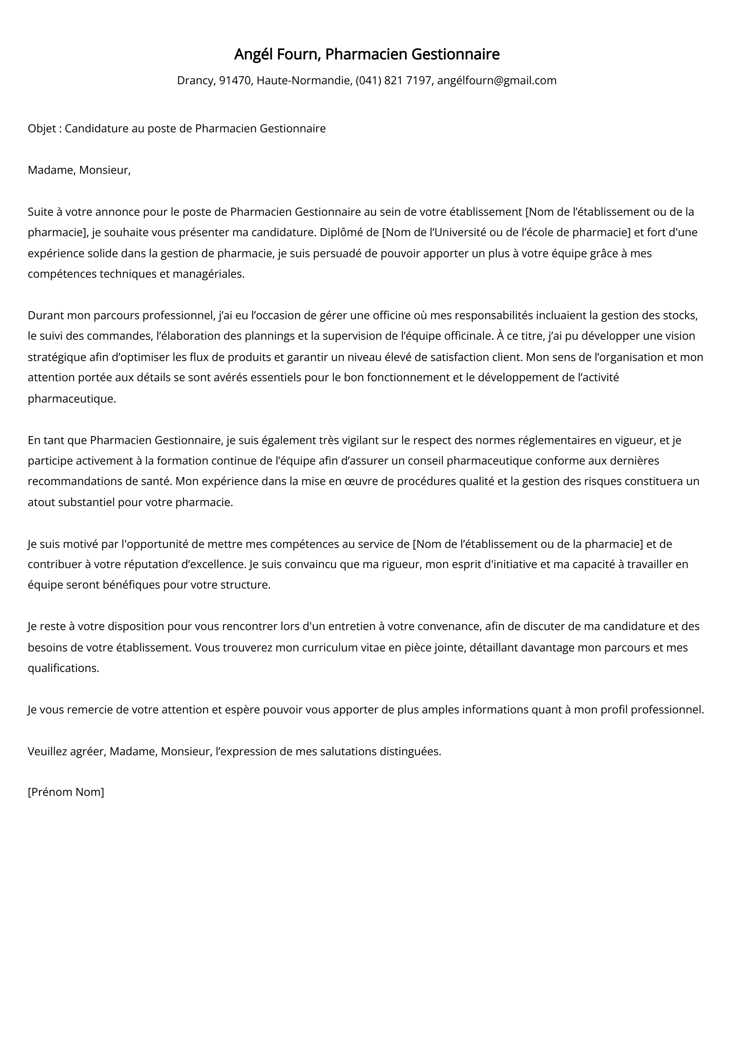 Exemple de lettre de couverture pour un gestionnaire de pharmacie