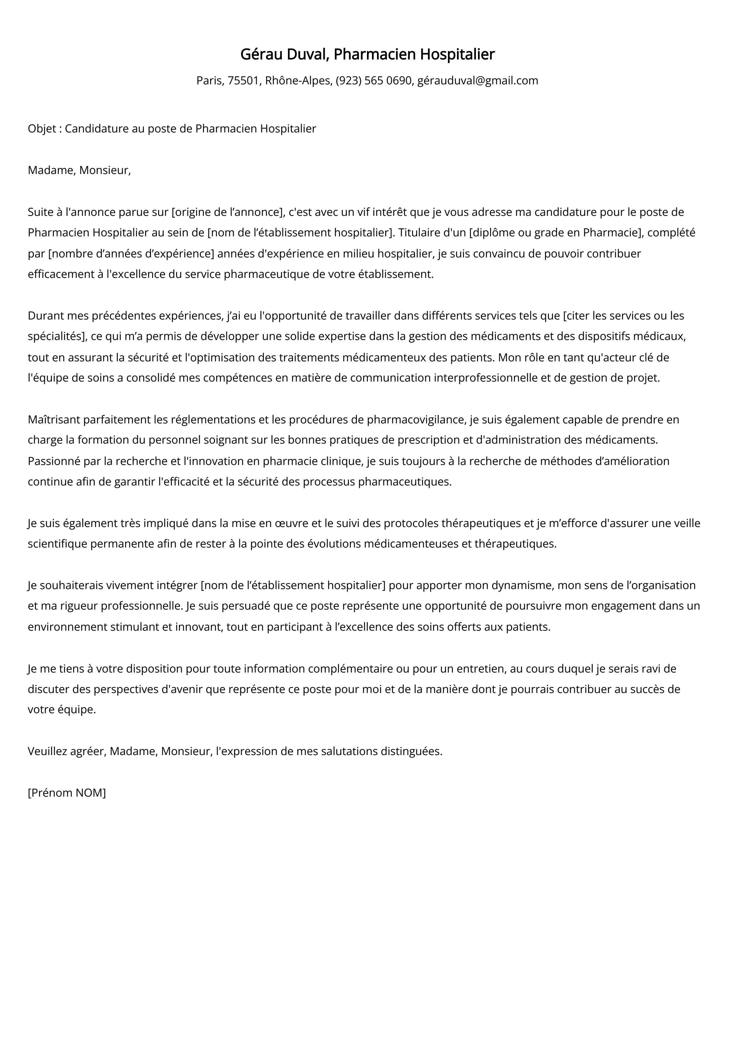 Exemple de lettre de motivation pour un pharmacien hospitalier