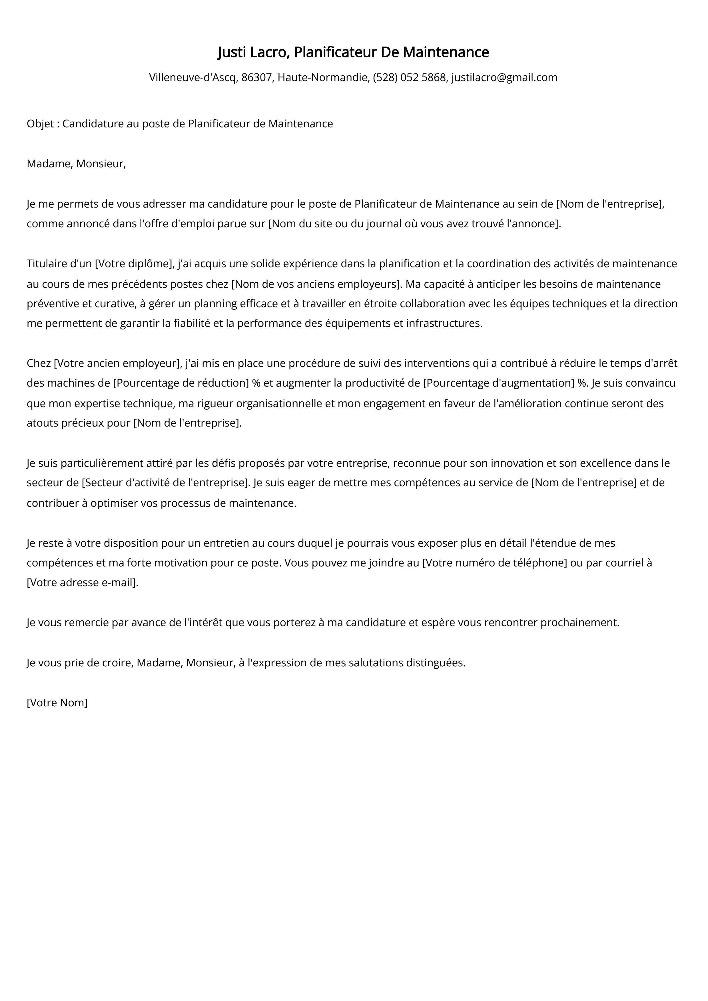 Lettre de motivation du planificateur de maintenance