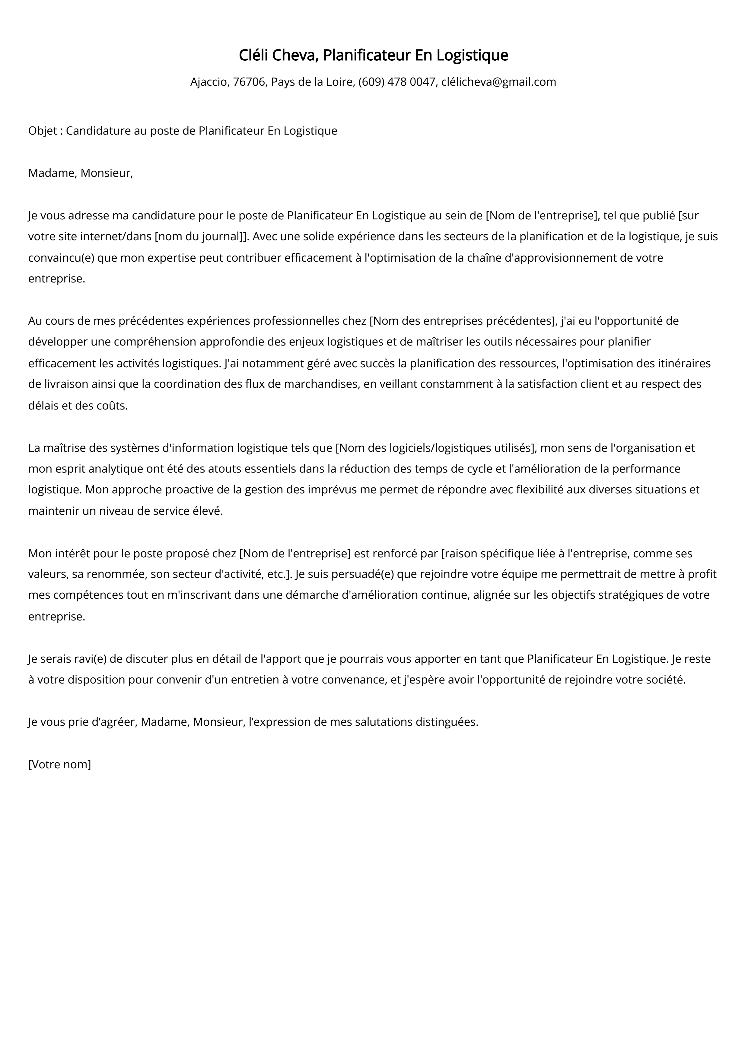 Planificateur En Logistique Cover Letter Example