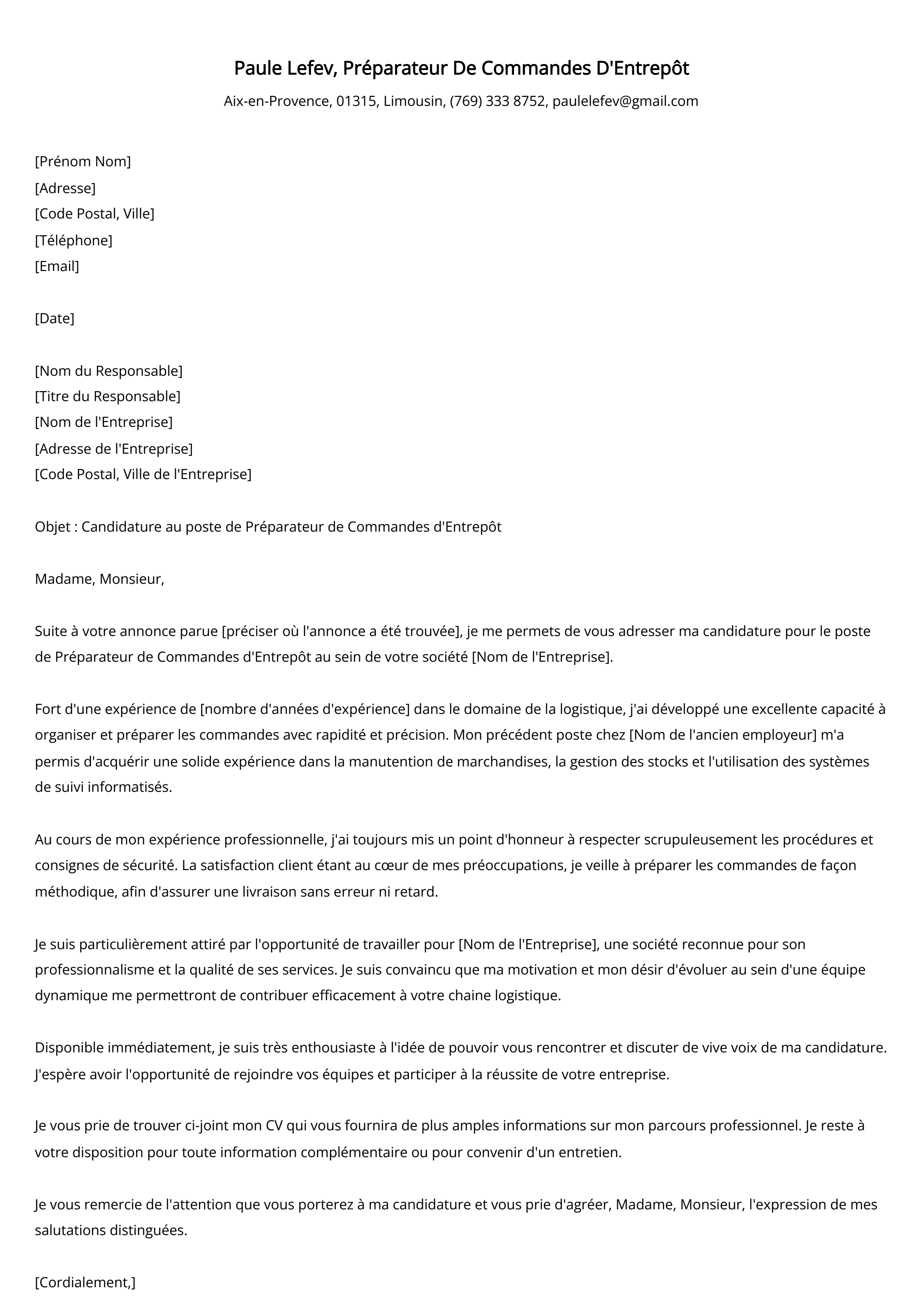 Préparateur De Commandes D'Entrepôt Cover Letter Example