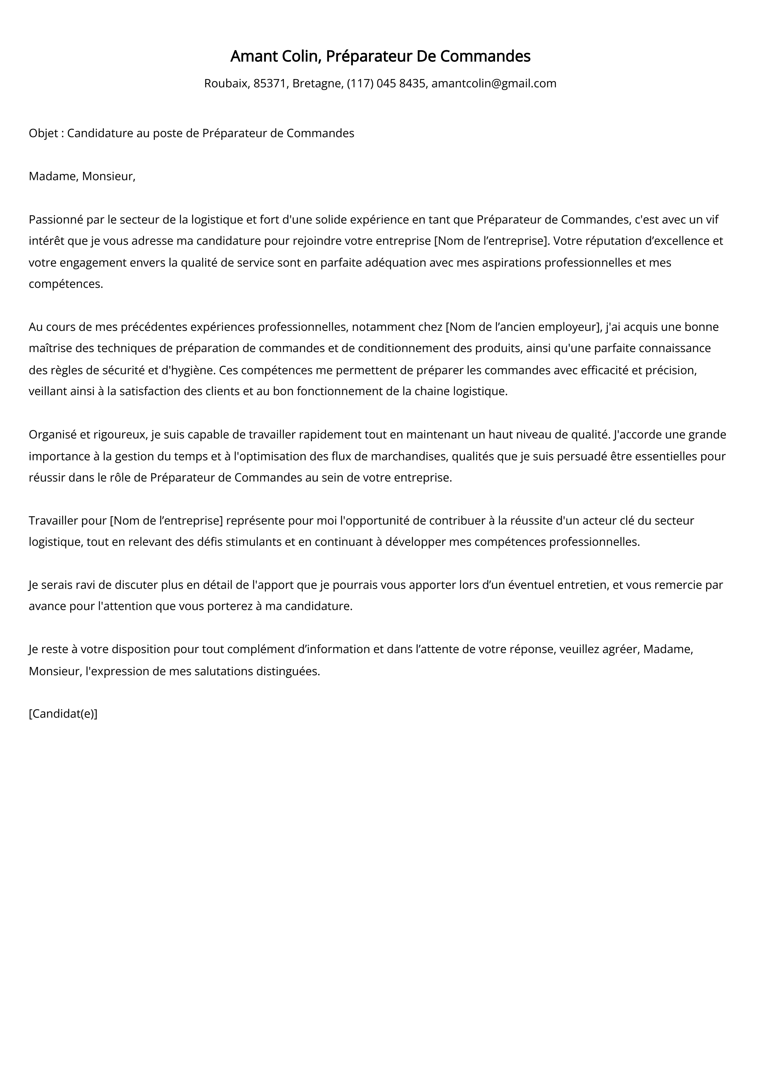 Préparateur De Commandes Cover Letter Example