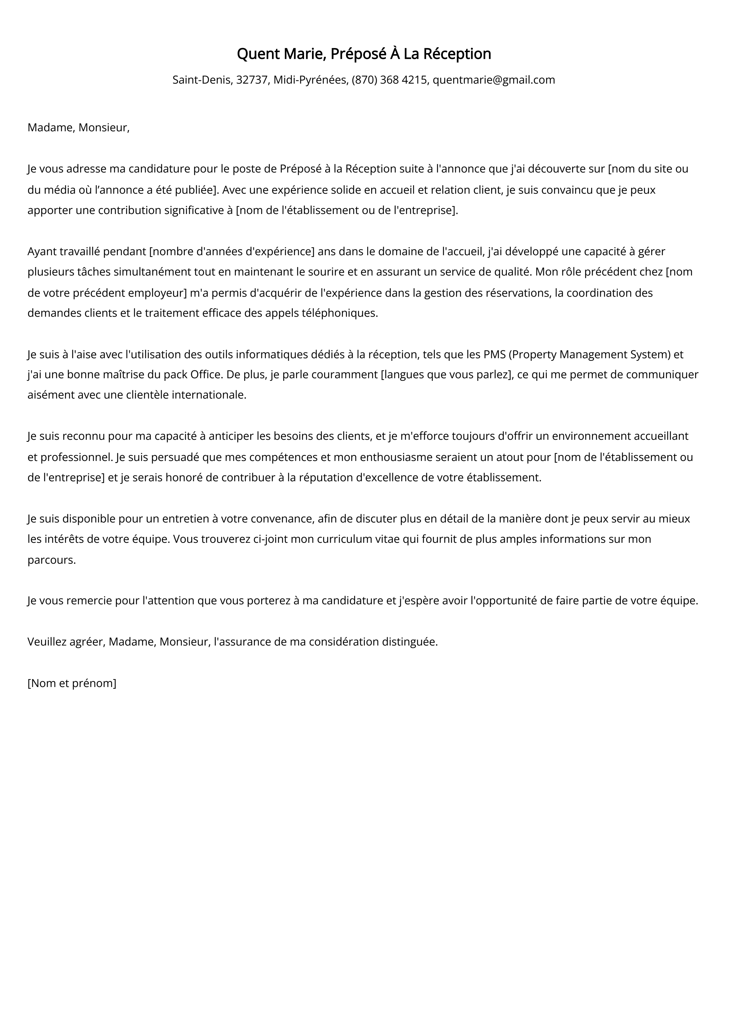 Lettre d'accompagnement Préposé À La Réception Exemple