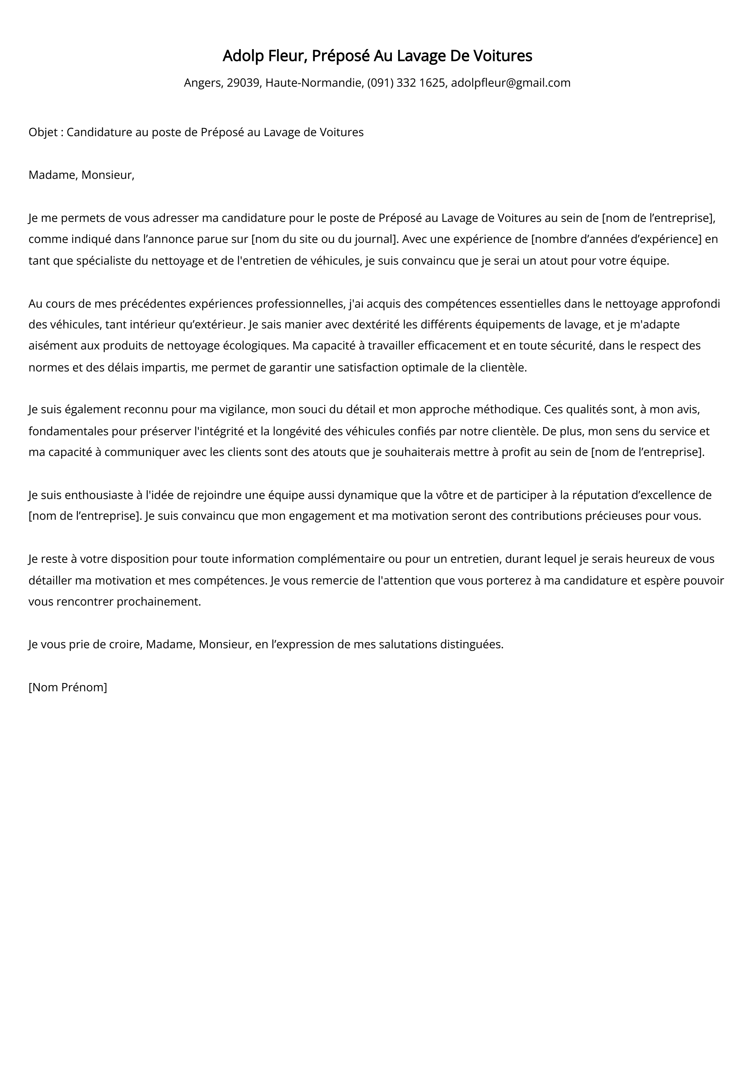 Préposé Au Lavage De Voitures Cover Letter Example