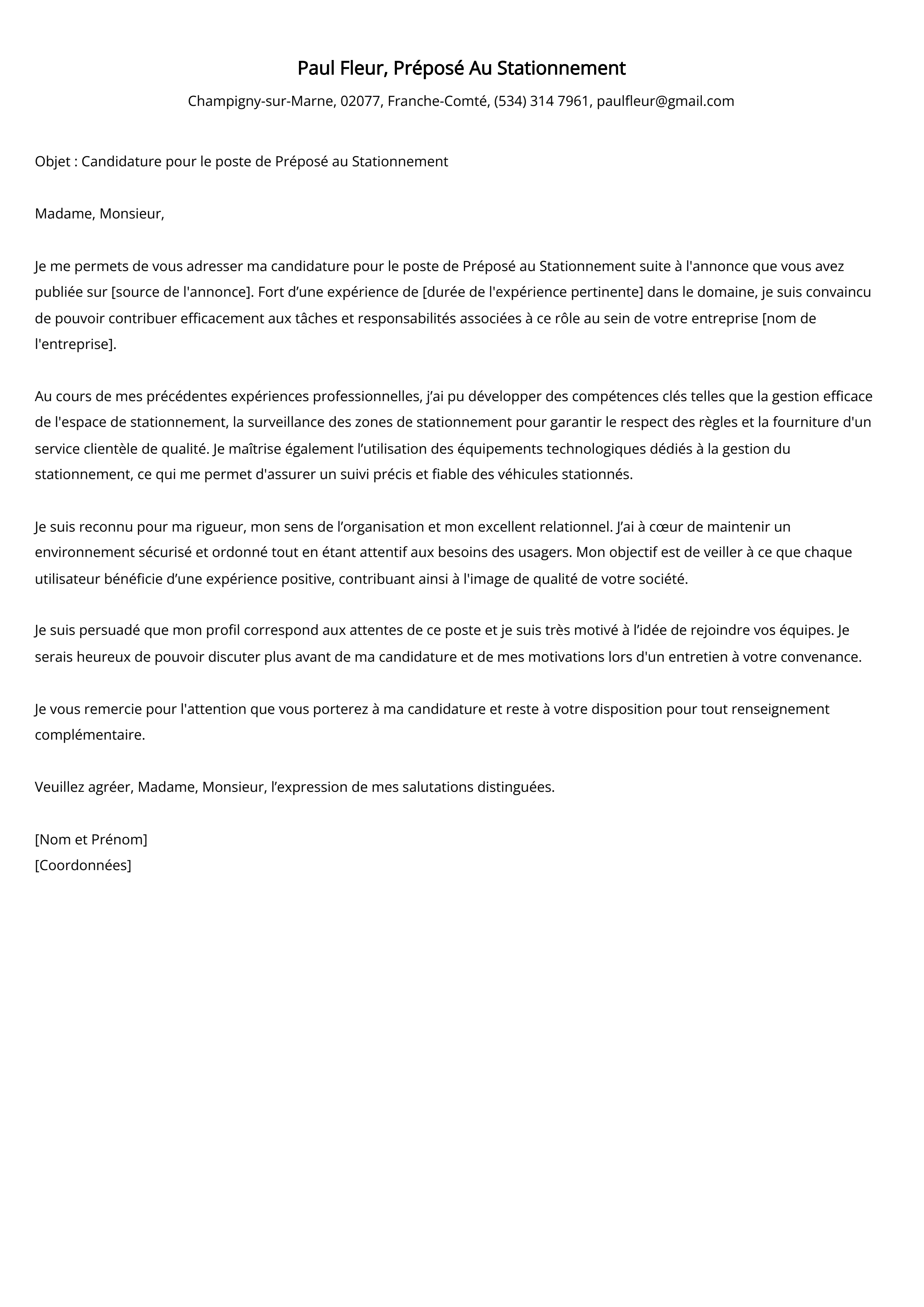 Préposé Au Stationnement Cover Letter Example