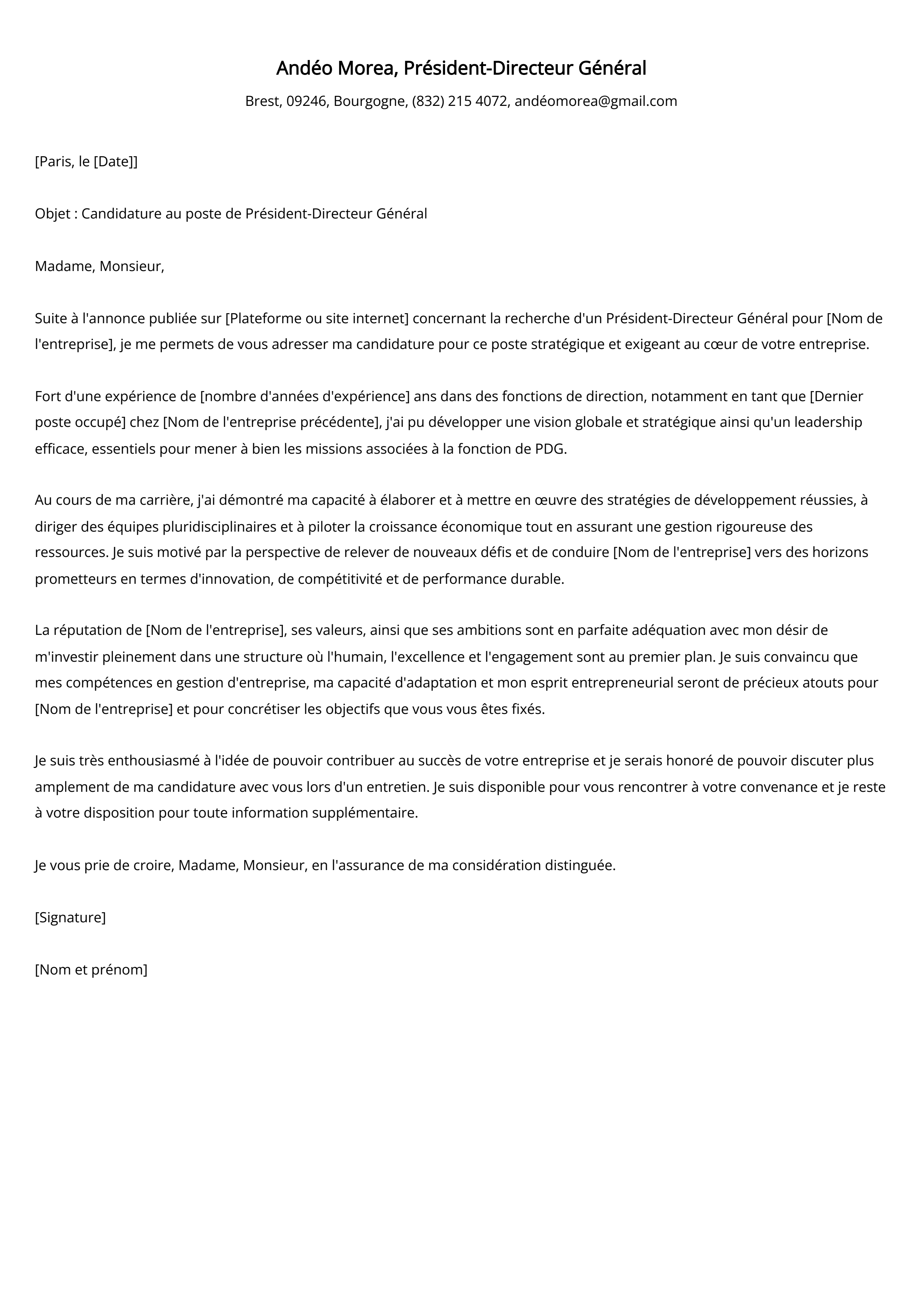 Exemple de lettre de motivation du Président-Directeur Général