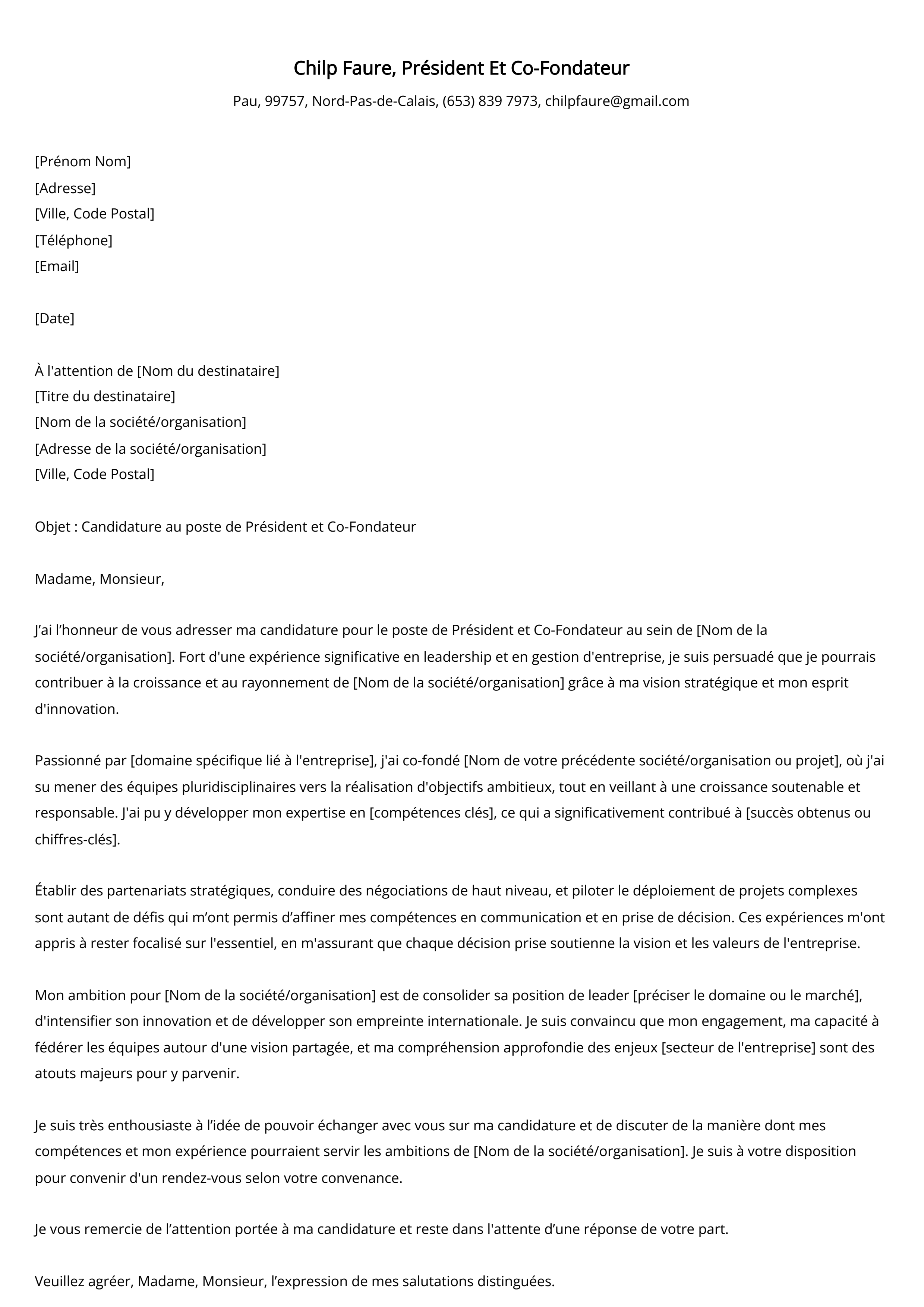 Président Et Co-Fondateur Cover Letter Example