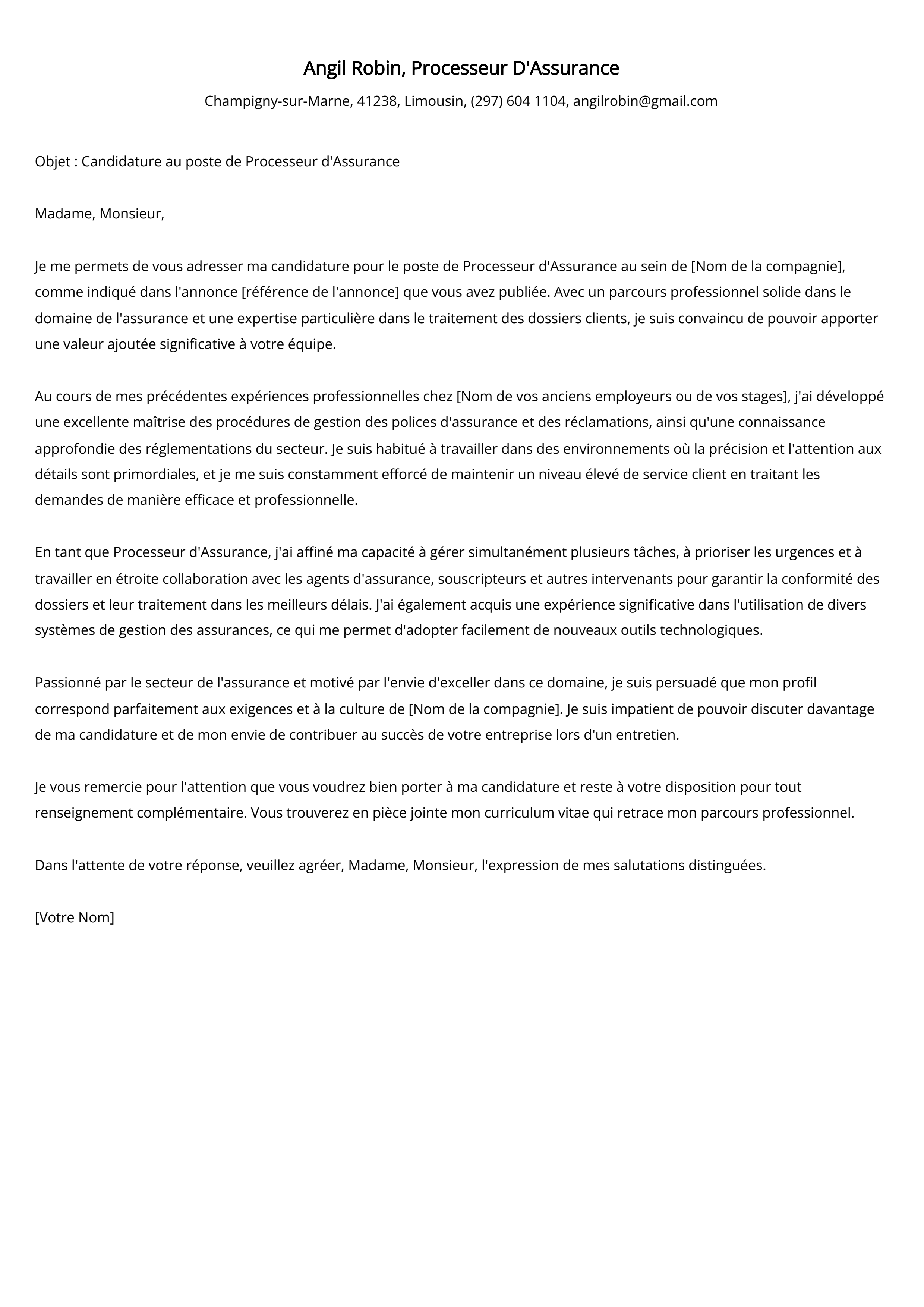 Exemple de lettre de motivation pour un processeur d'assurance