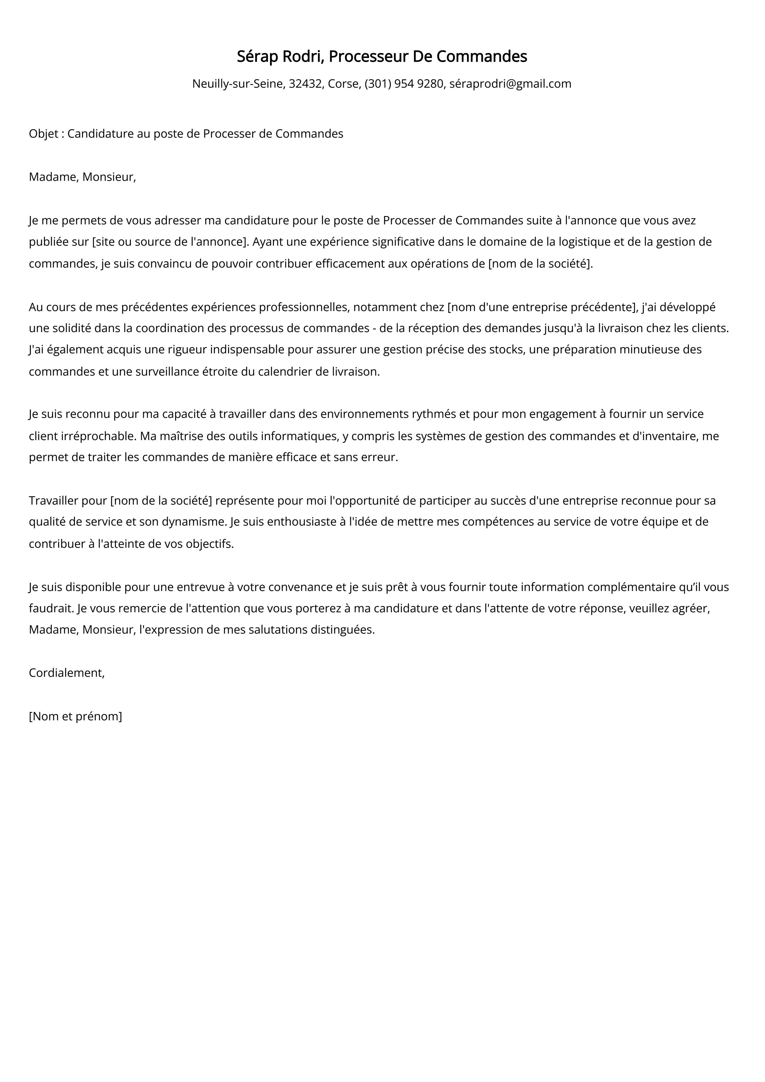 Exemple de lettre de motivation pour un processeur de commandes