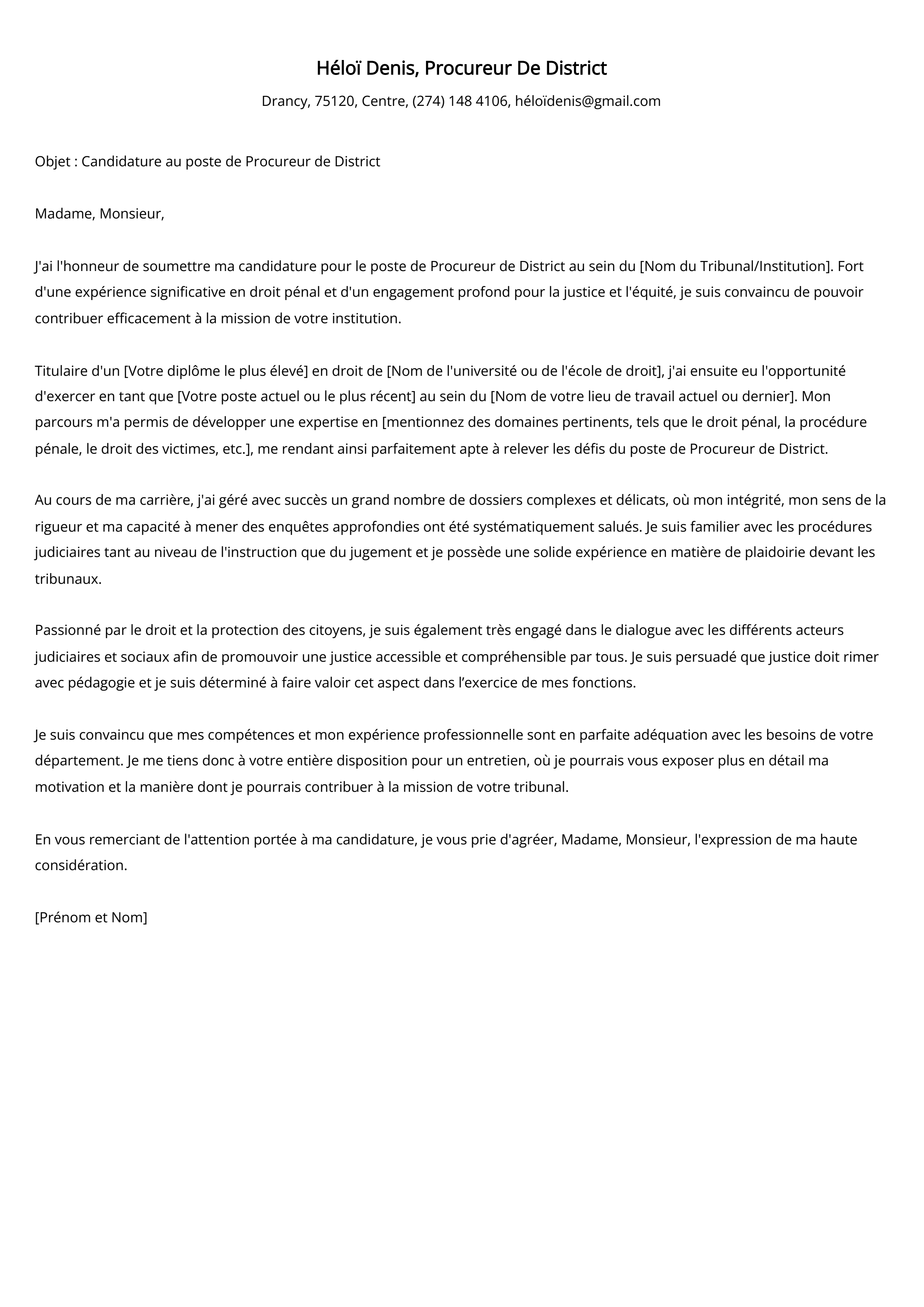 Lettre de couverture du Procureur de district