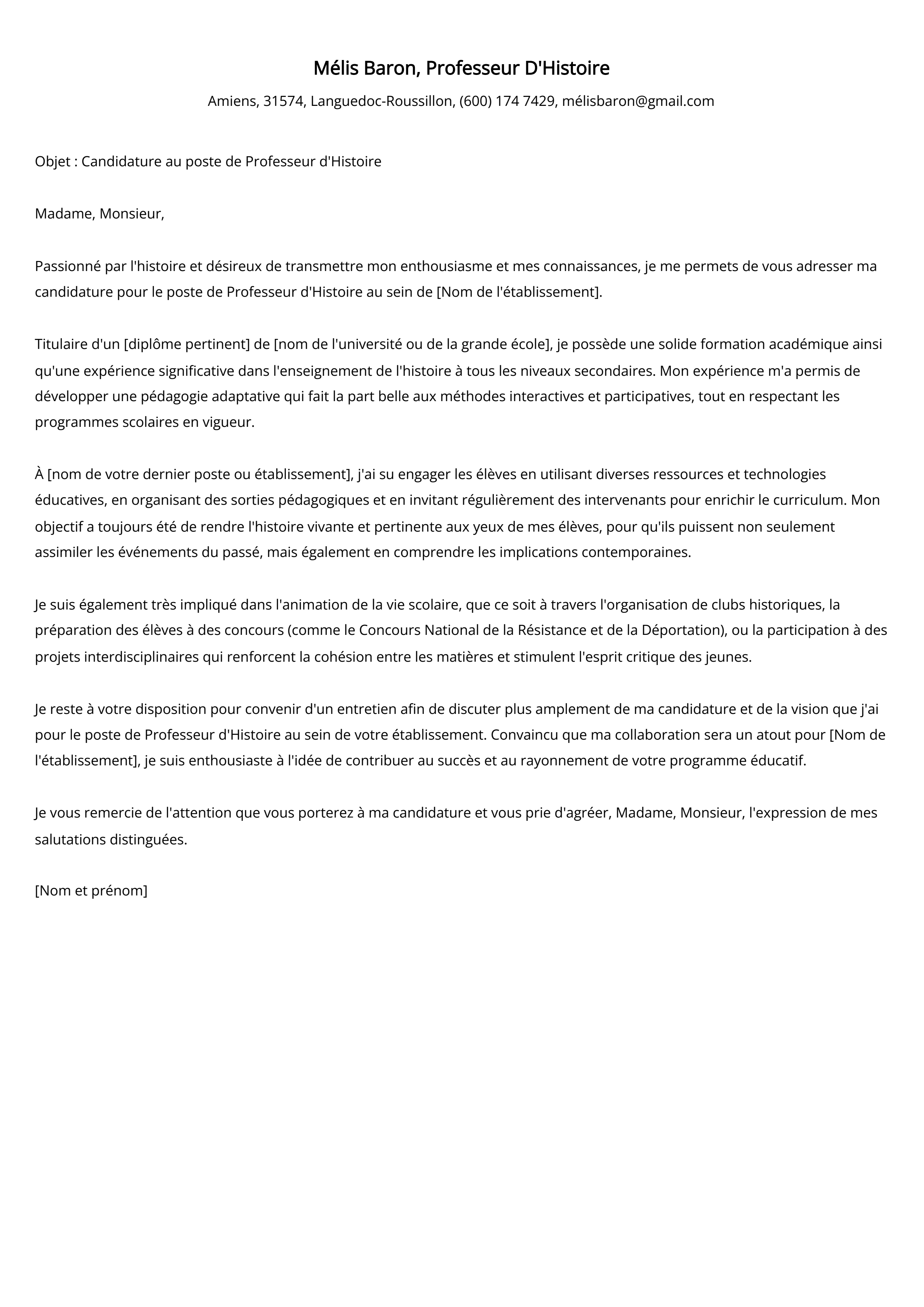 Exemple de lettre de motivation pour un professeur d'histoire