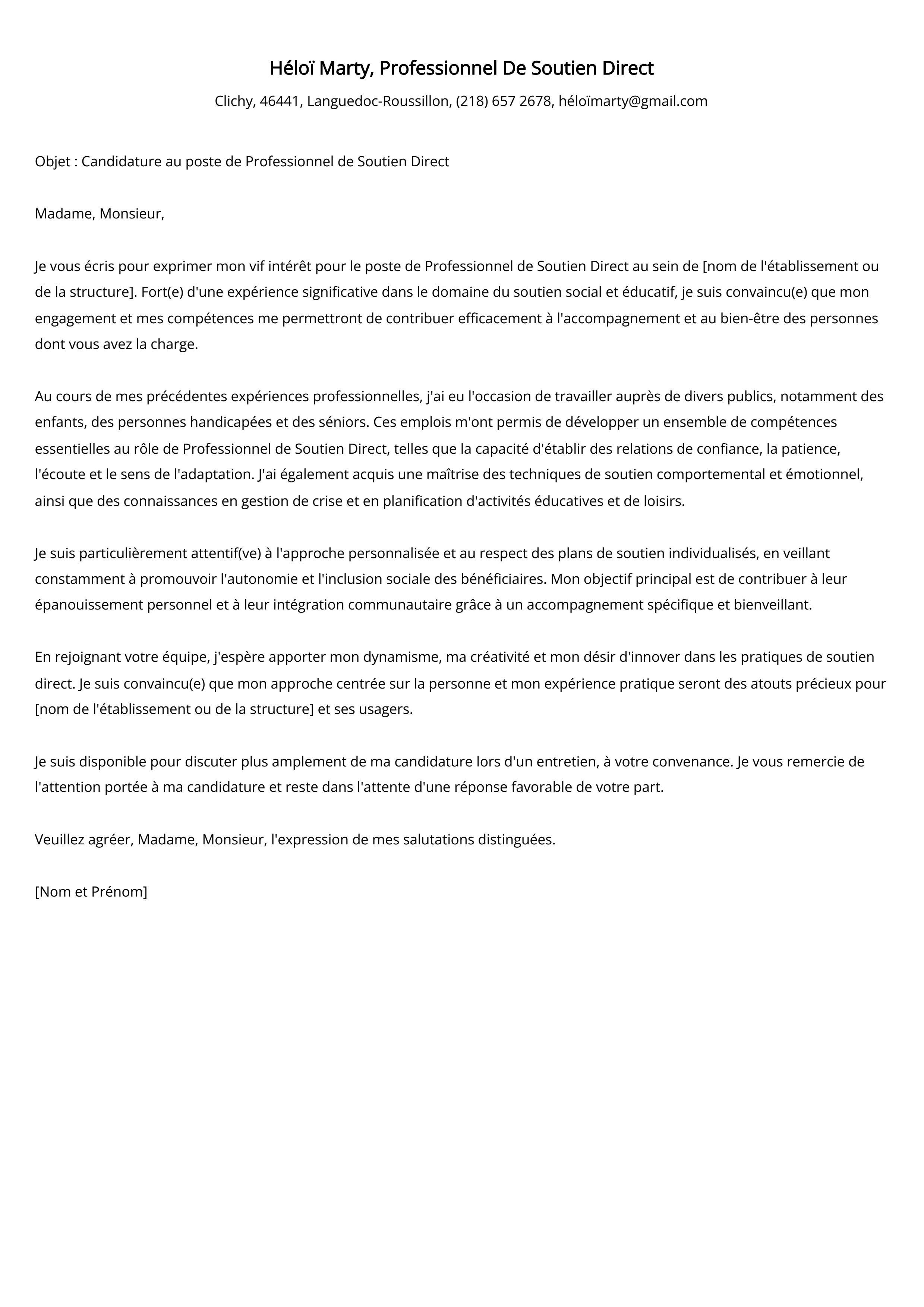 Professionnel De Soutien Direct Cover Letter Example