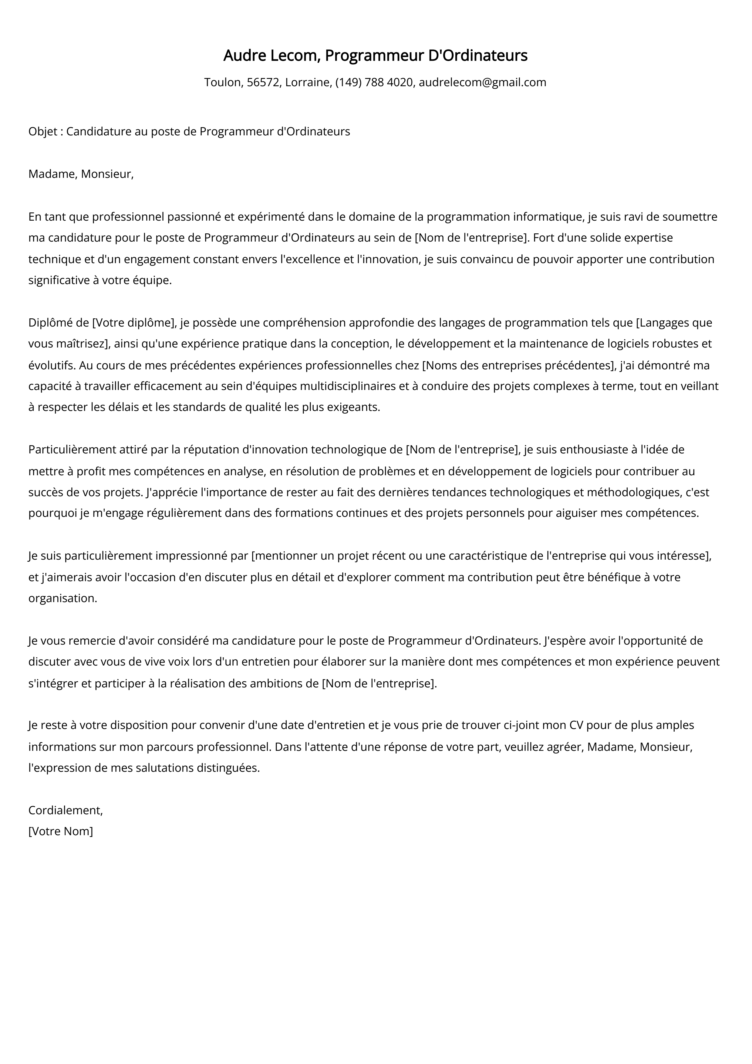 Exemple de lettre de motivation pour un programmeur d'ordonnateurs