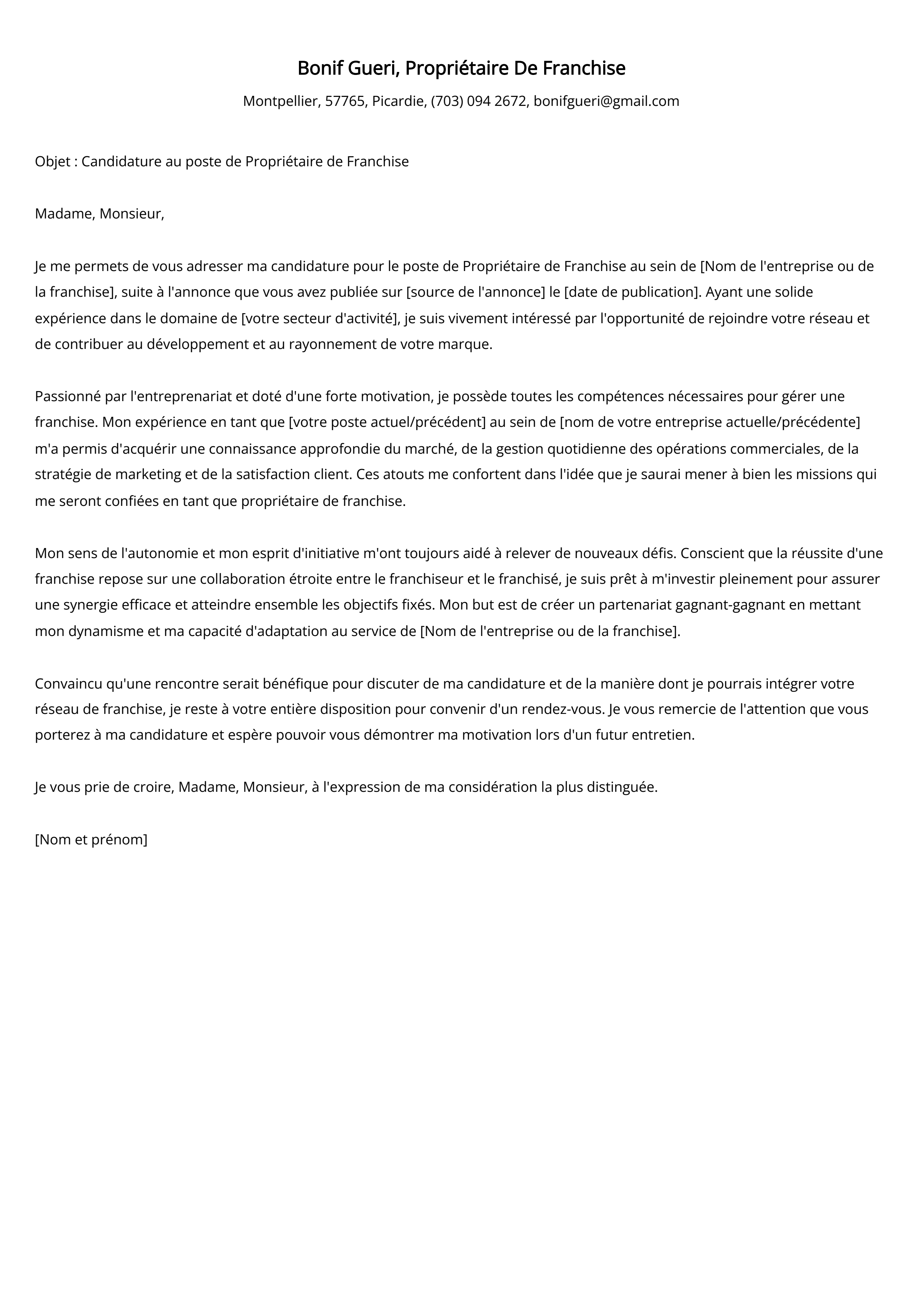 Propriétaire De Franchise Cover Letter Example