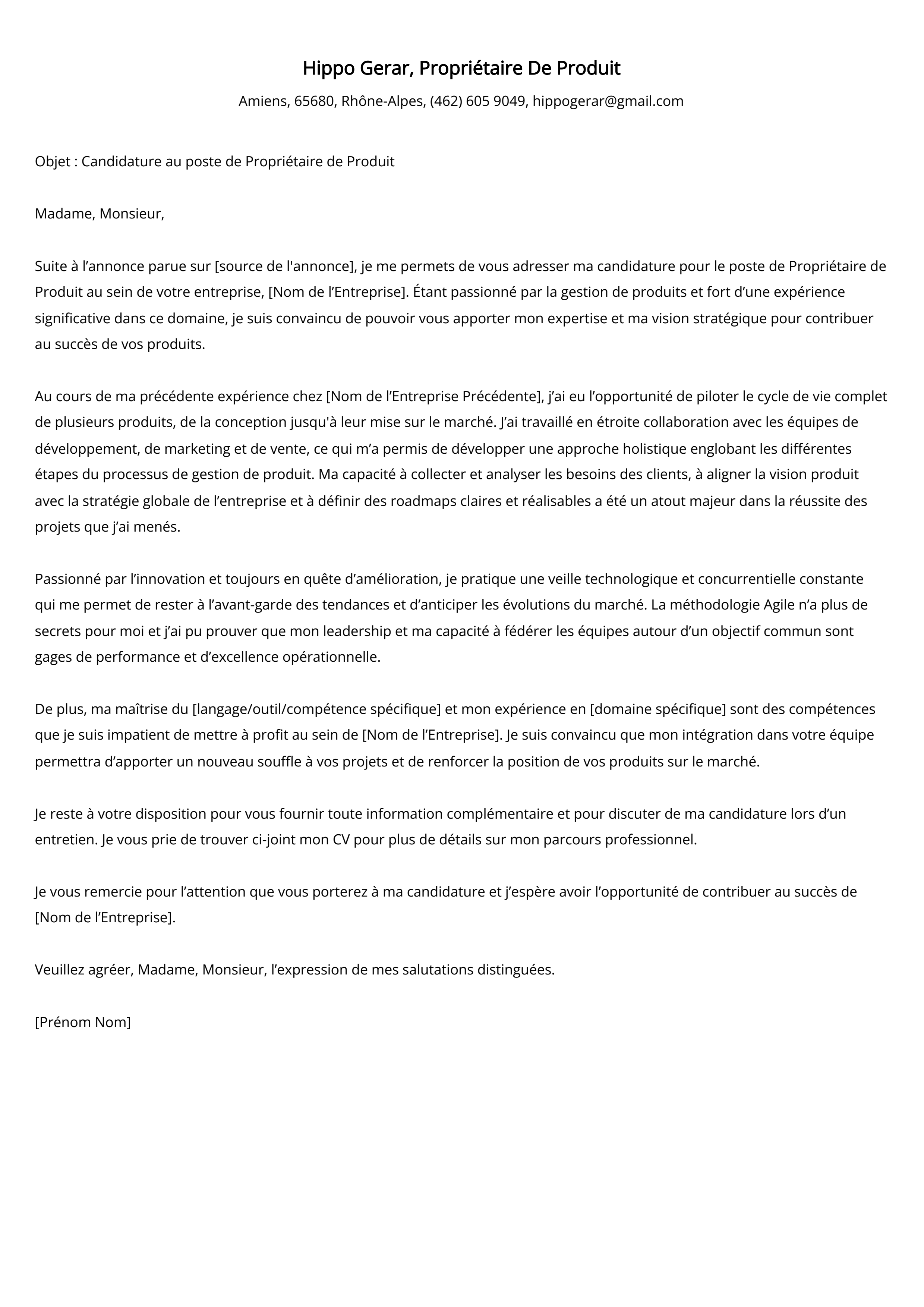 Propriétaire De Produit Cover Letter Example