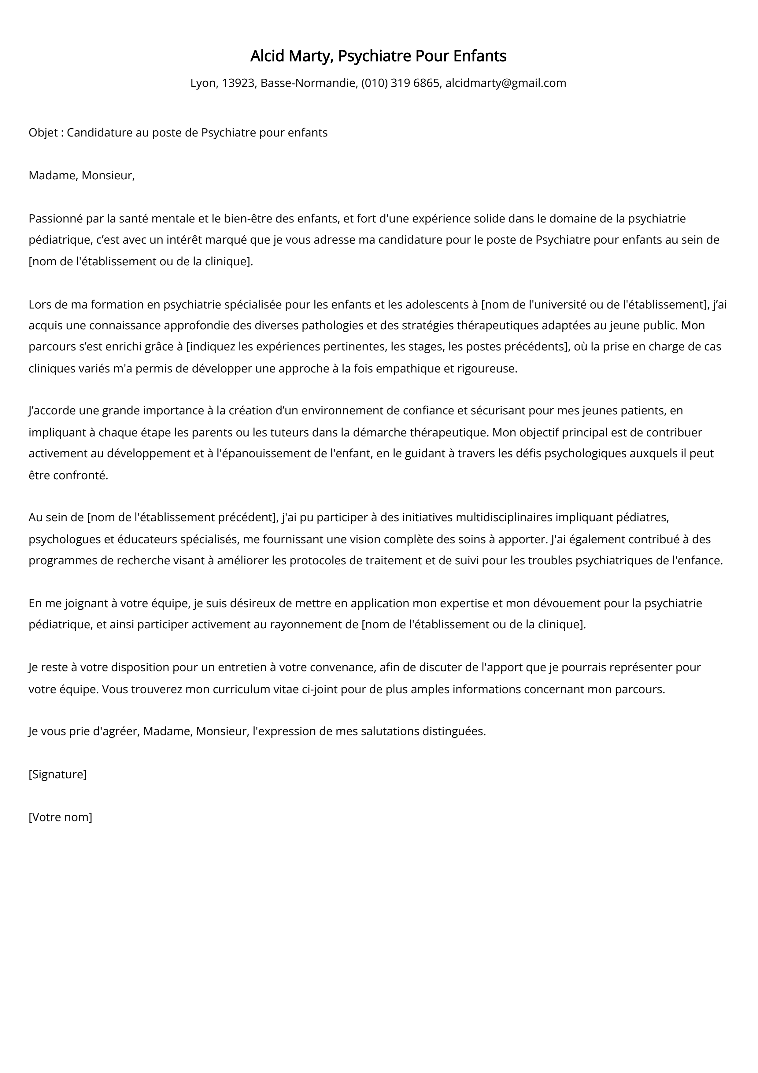 Exemple de lettre de motivation pour un psychiatre pour enfants