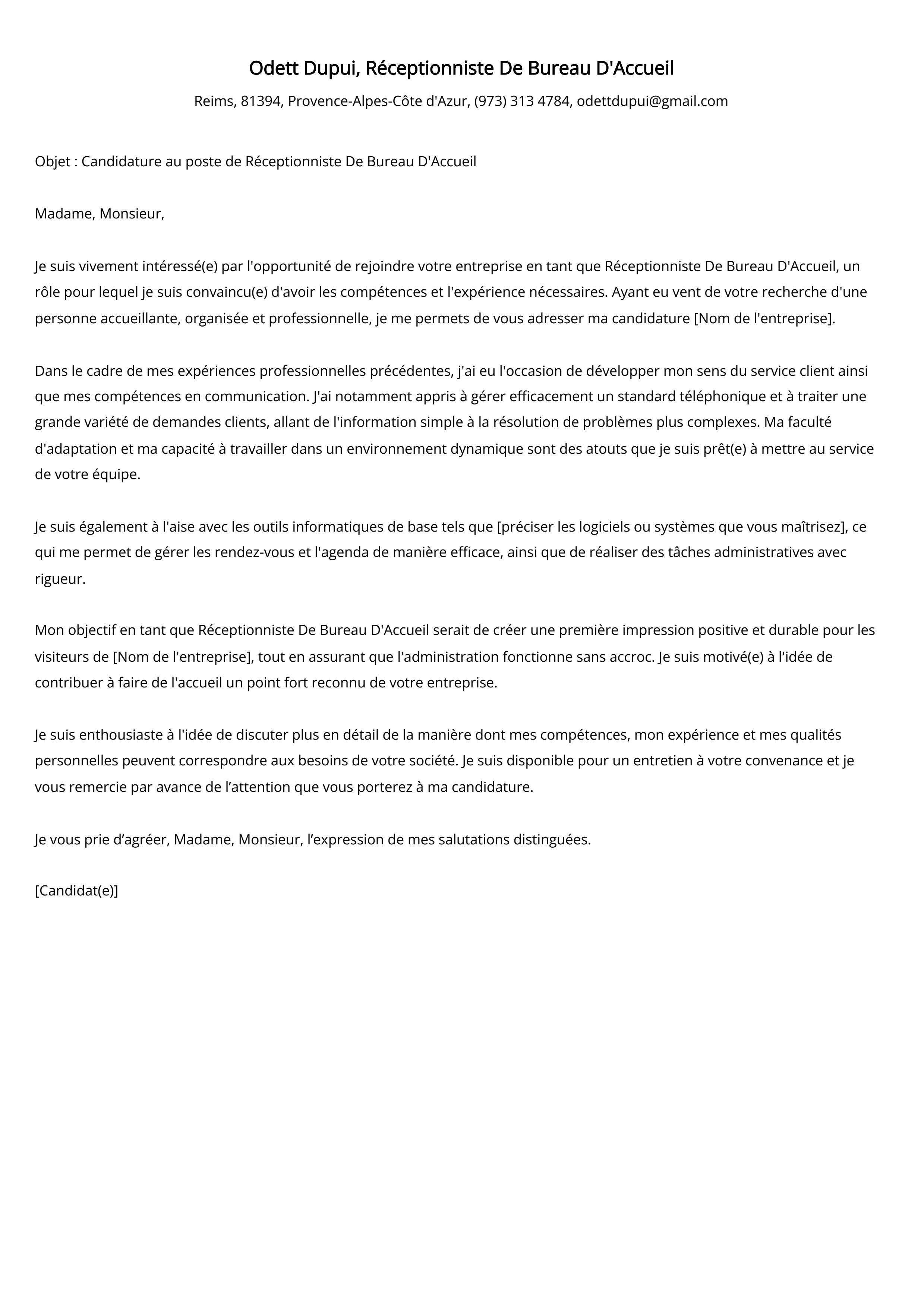 Réceptionniste De Bureau D'Accueil Cover Letter Example