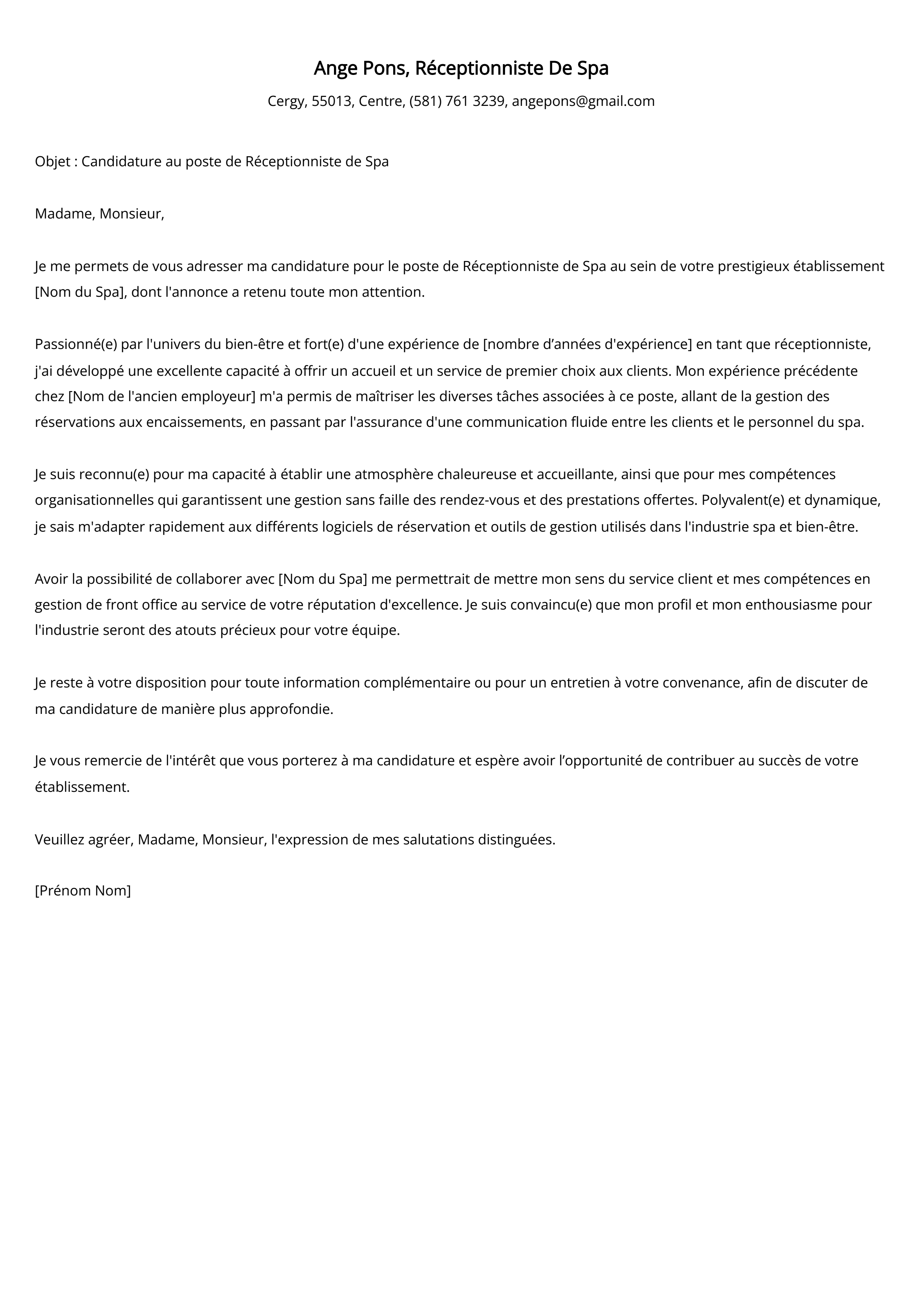 Réceptionniste De Spa Cover Letter Example