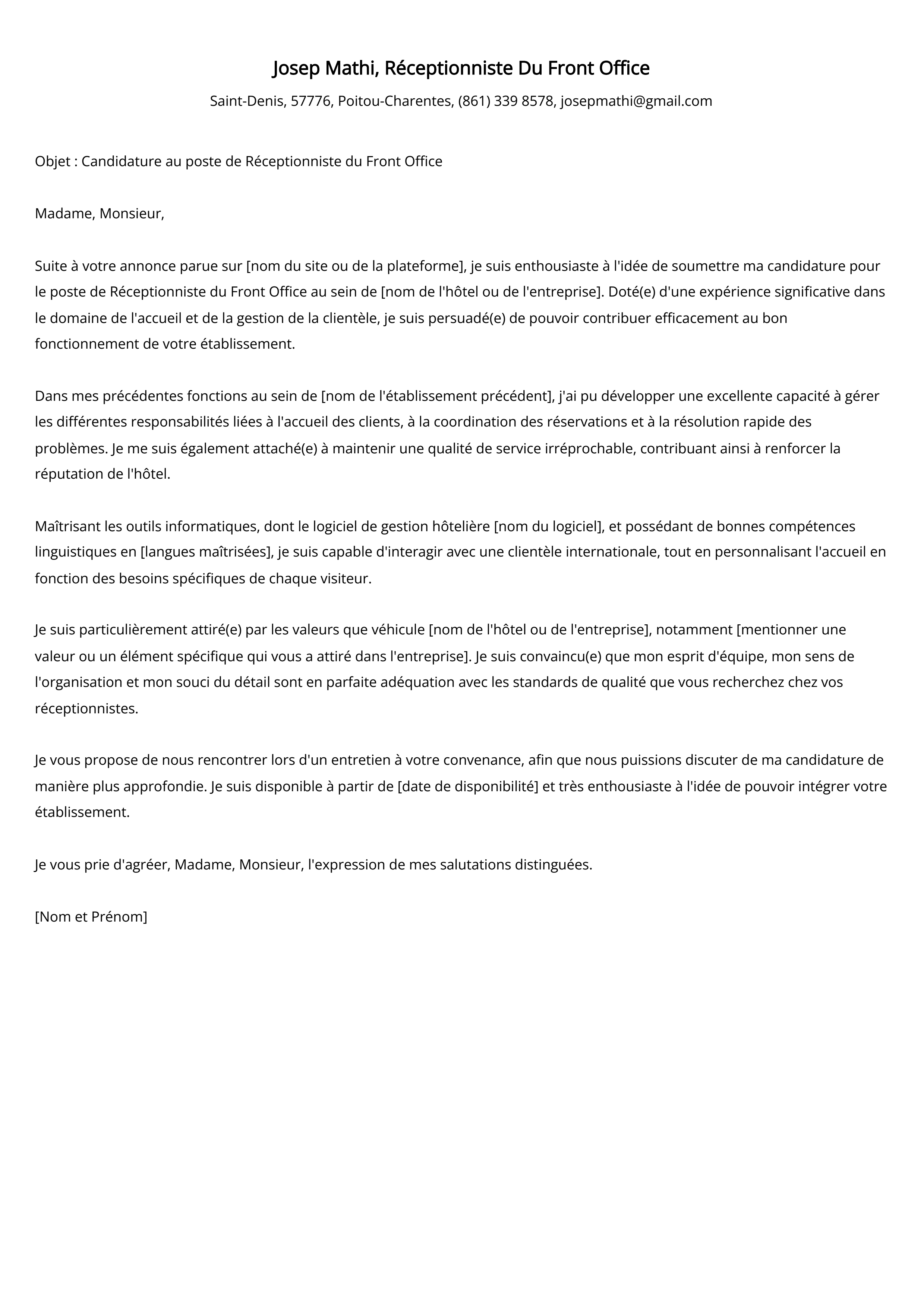 Réceptionniste Du Front Office Cover Letter Example