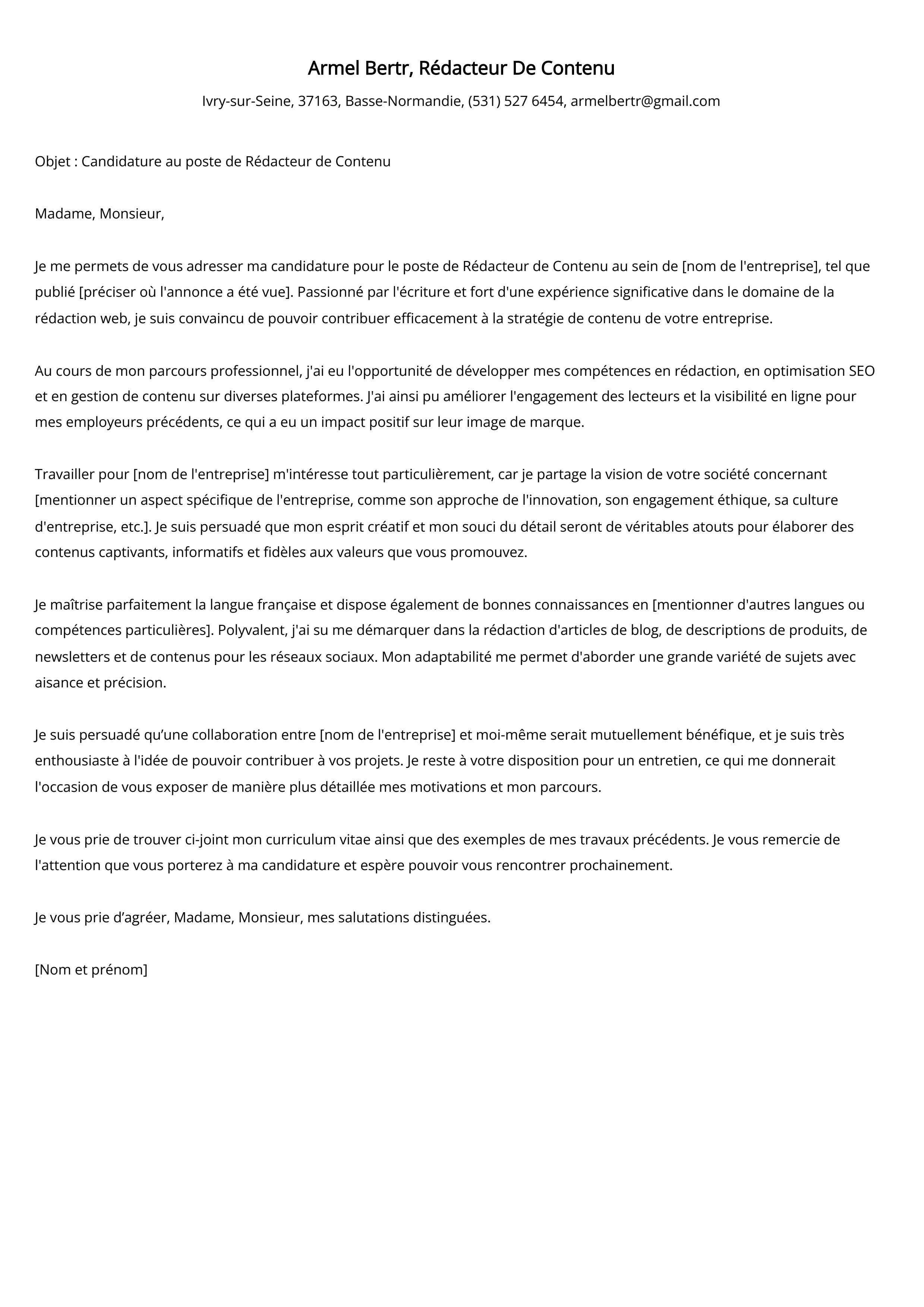 Rédacteur De Contenu Cover Letter Example