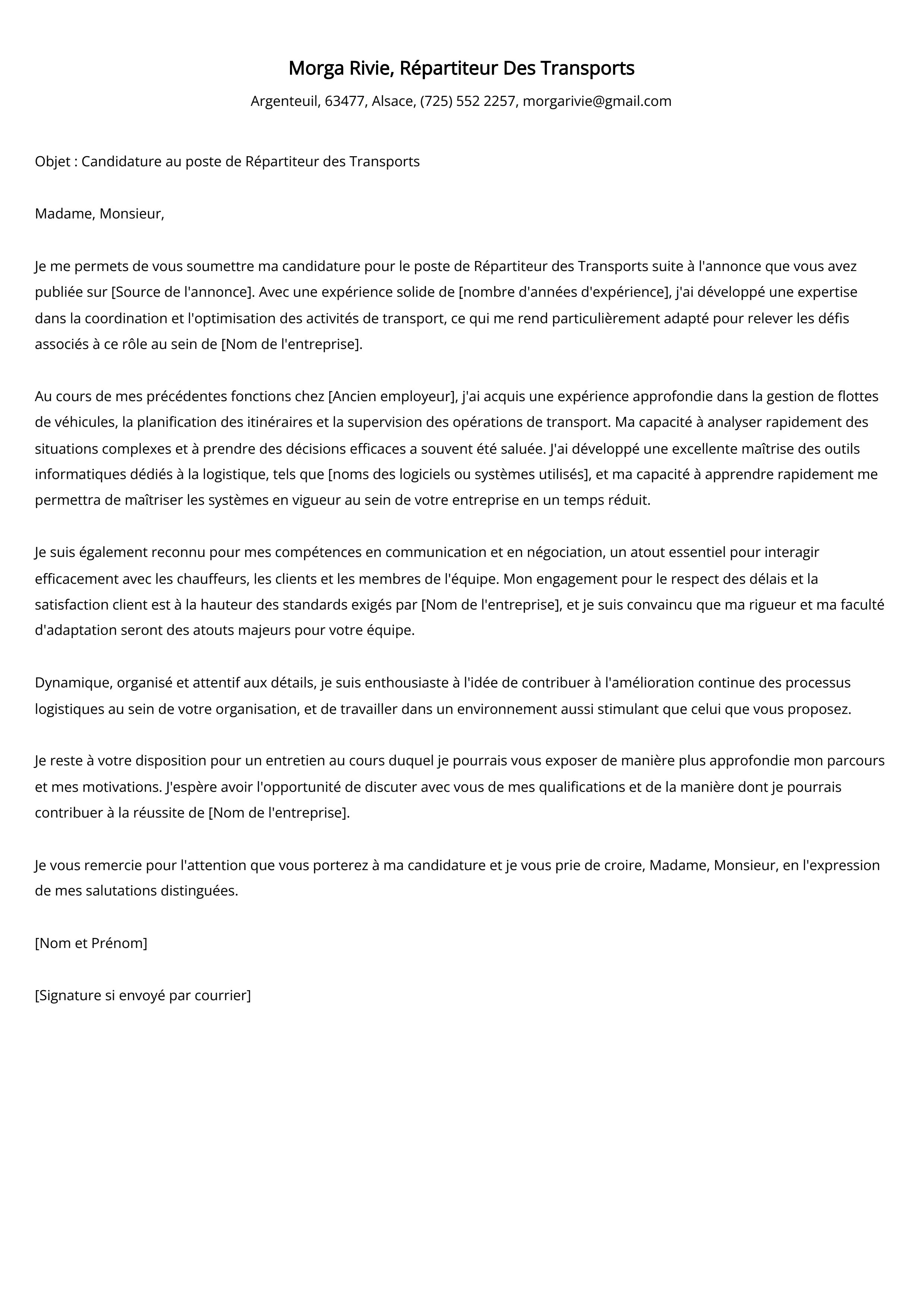 Répartiteur Des Transports Exemple de lettre de motivation