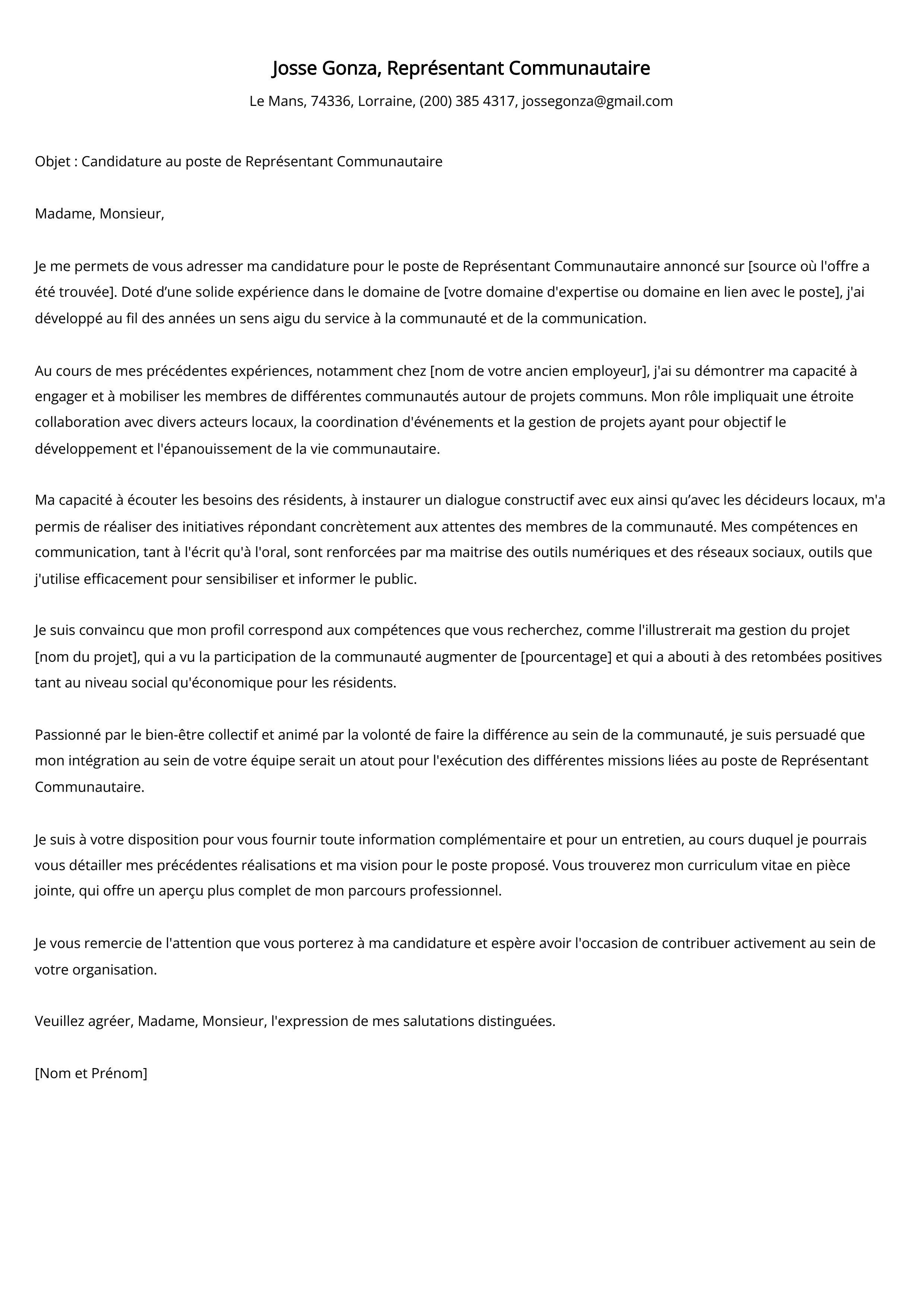 Représentant Communautaire Cover Letter Example