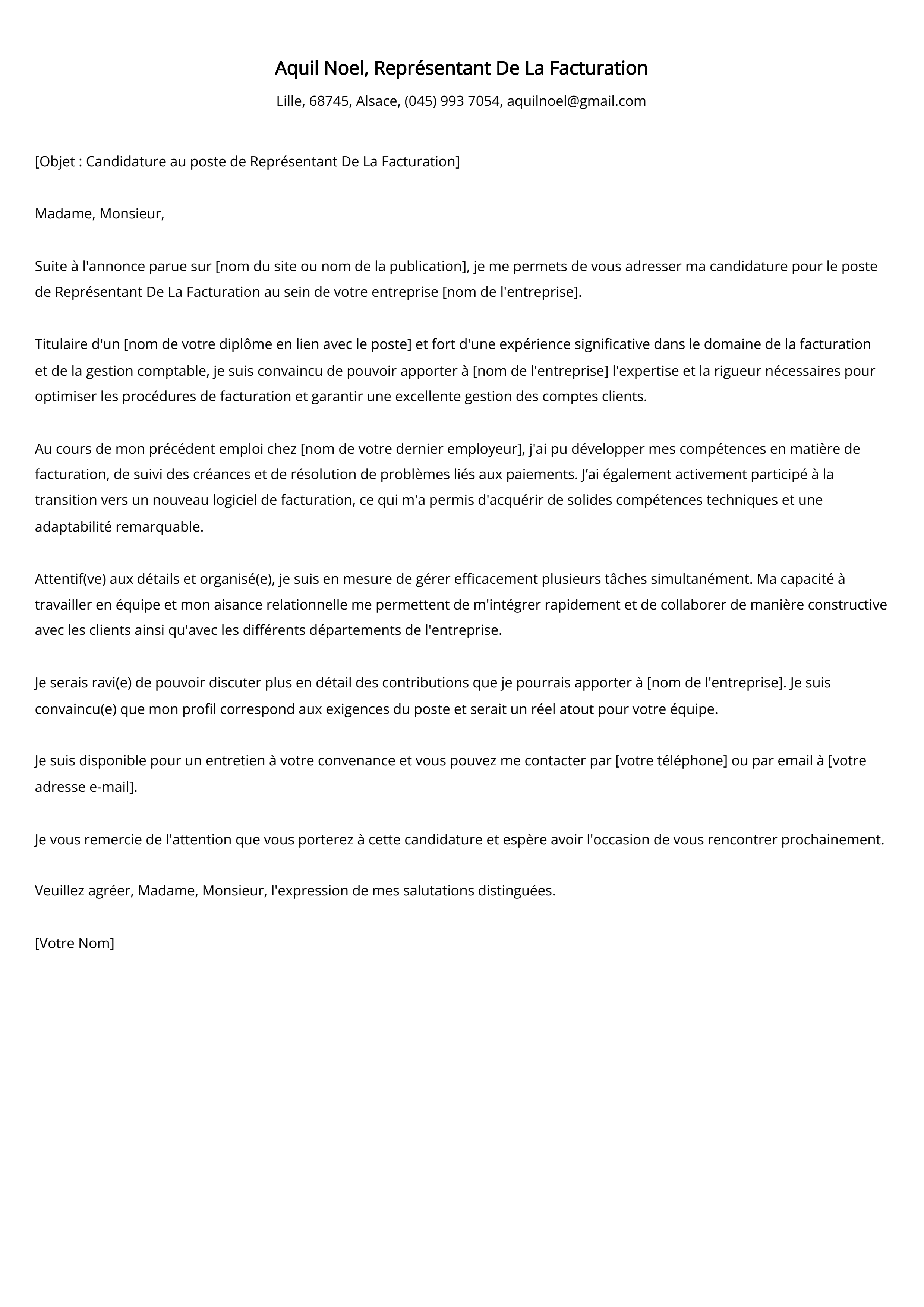 Représentant De La Facturation Cover Letter Example