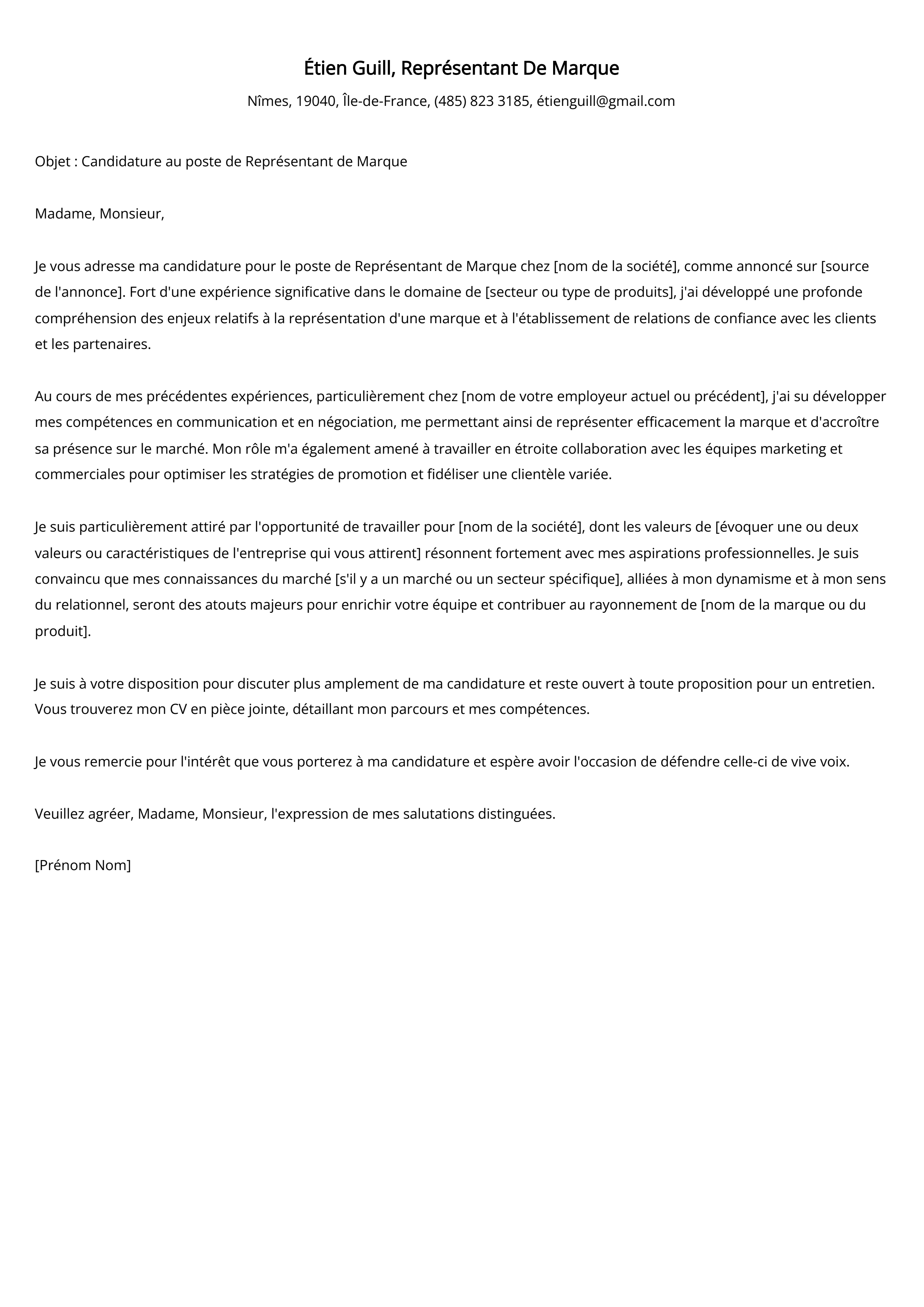 Représentant De Marque Cover Letter Example