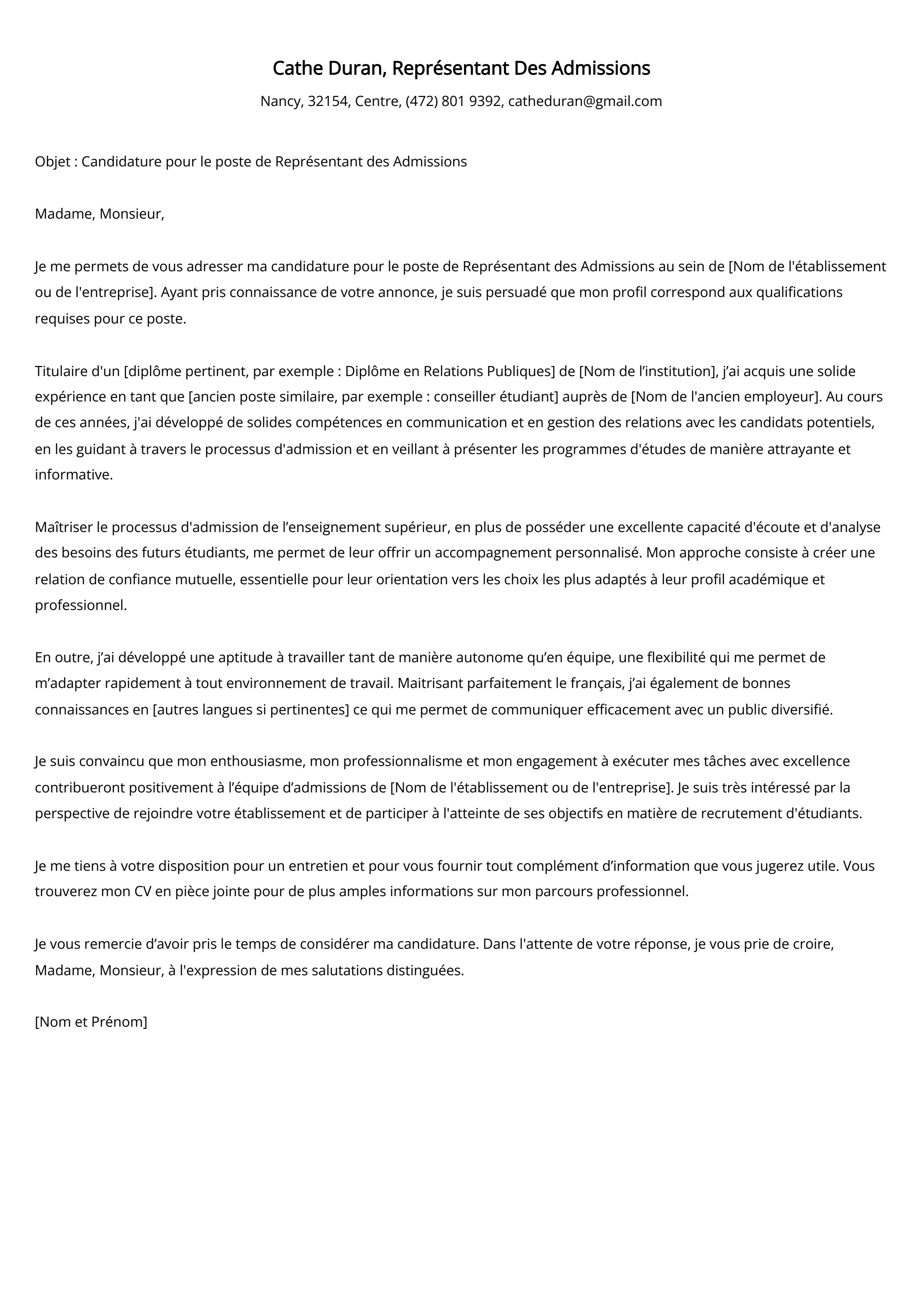 Représentant Des Admissions Cover Letter Example