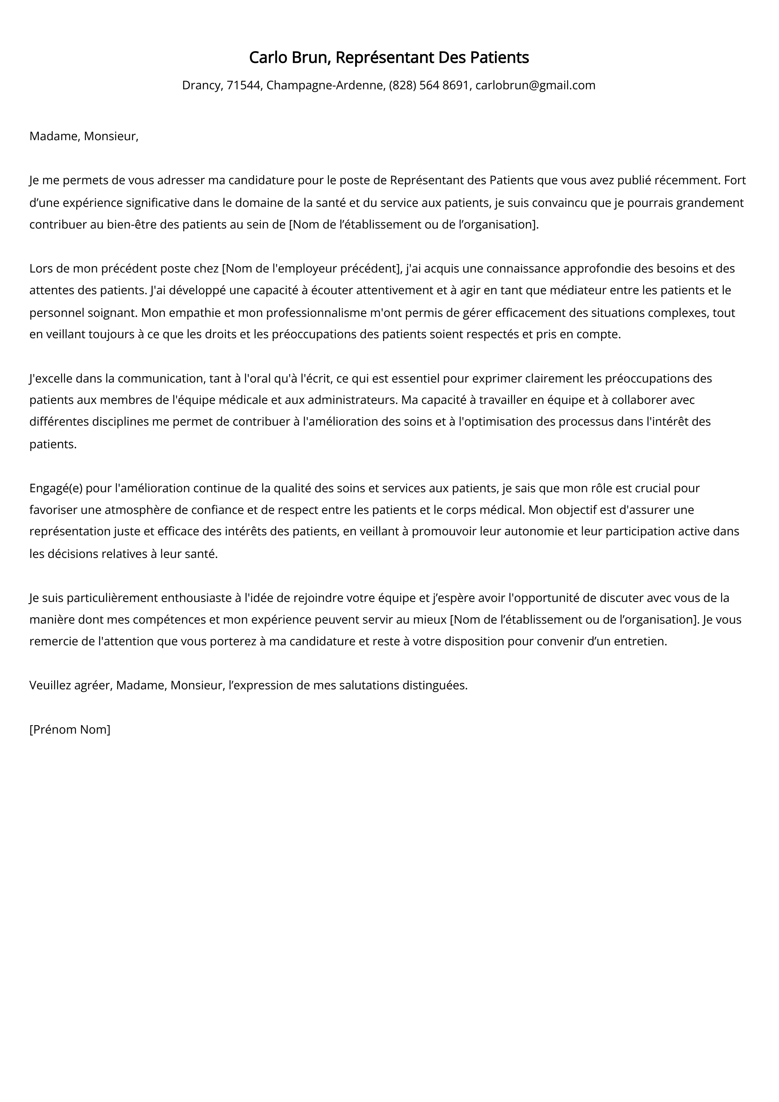 Représentant Des Patients Cover Letter Example