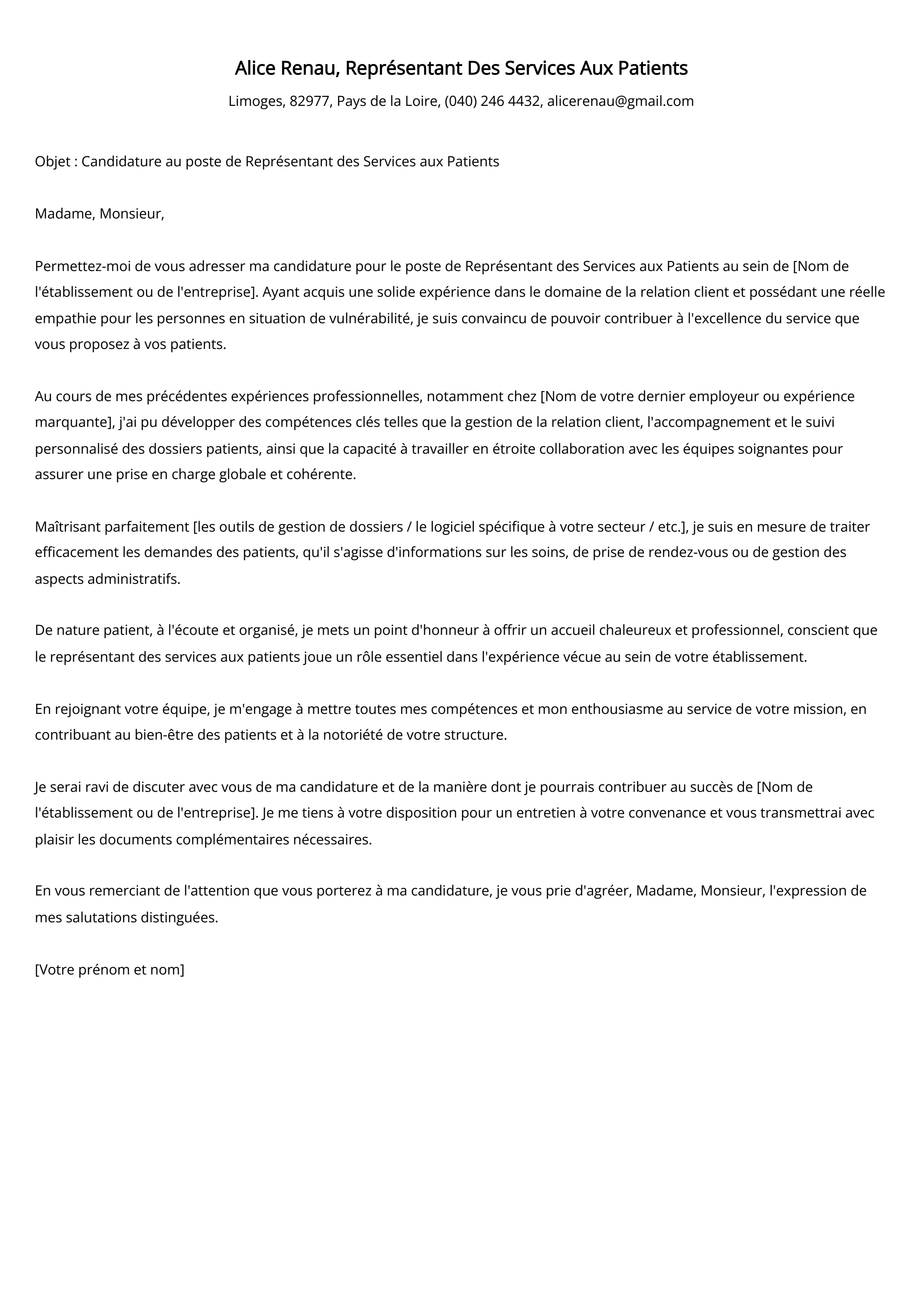 Représentant Des Services Aux Patients Exemple de lettre de motivation