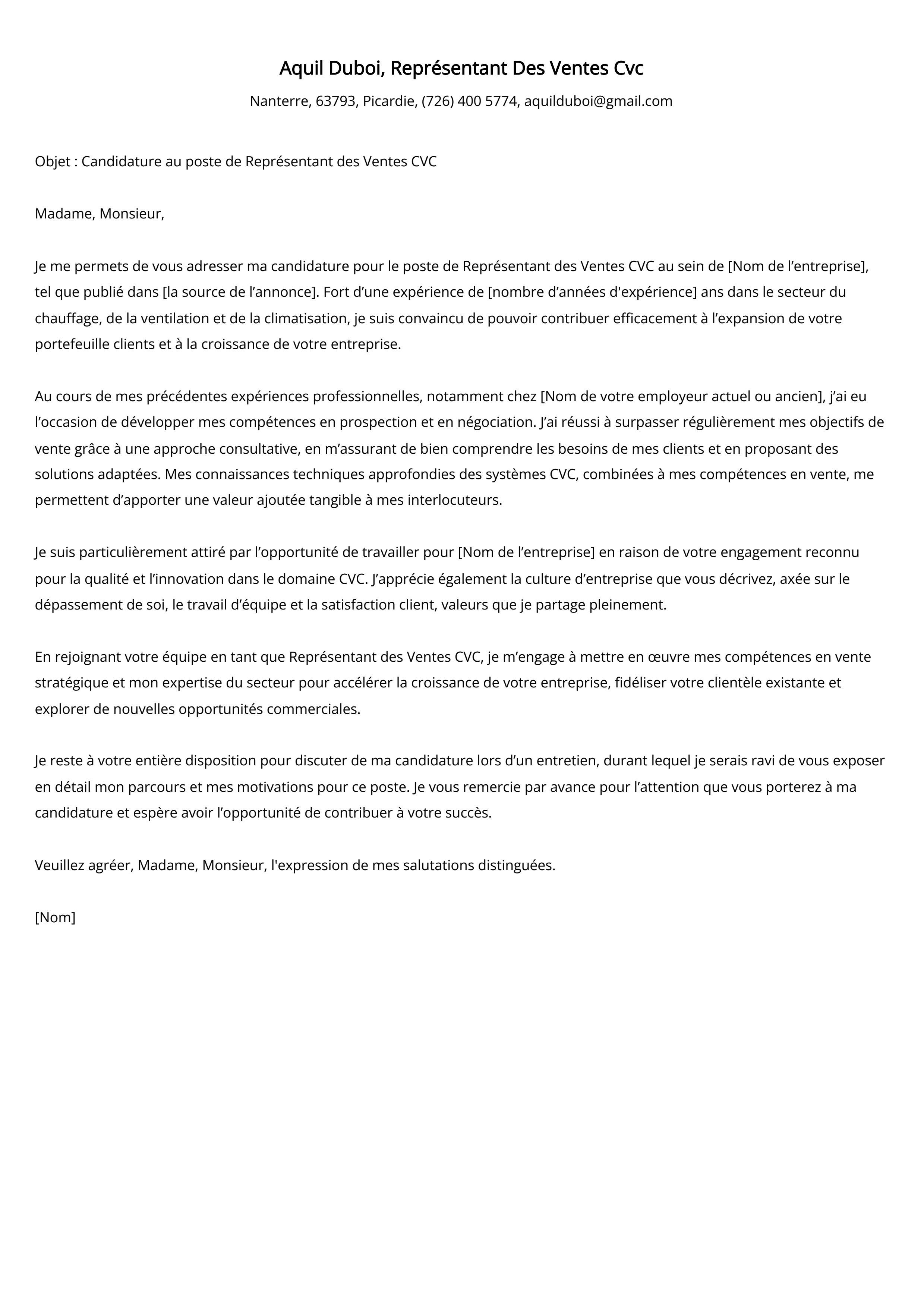 Représentant Des Ventes Cvc Cover Letter Example