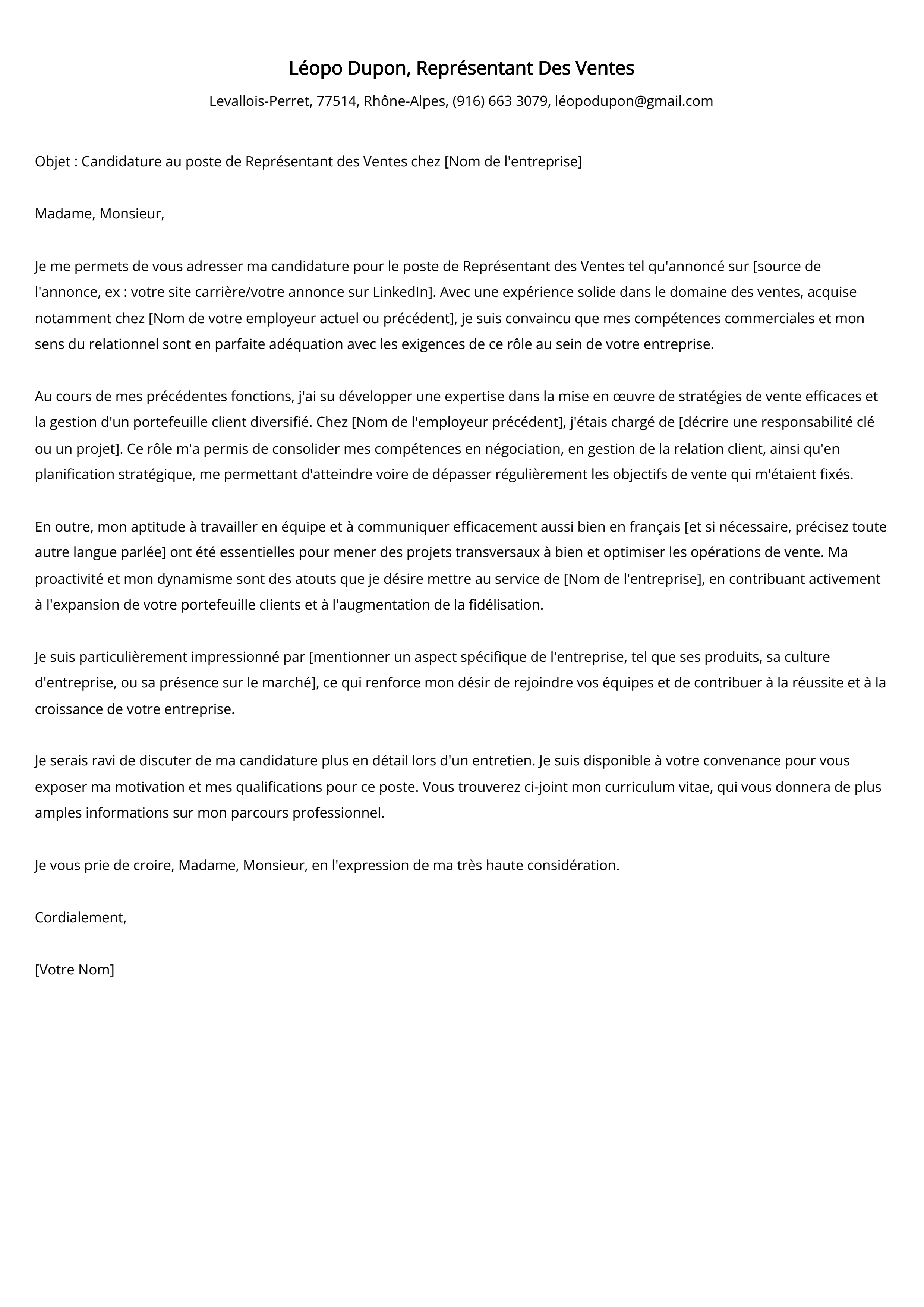 Exemple de lettre de motivation pour un représentant des ventes