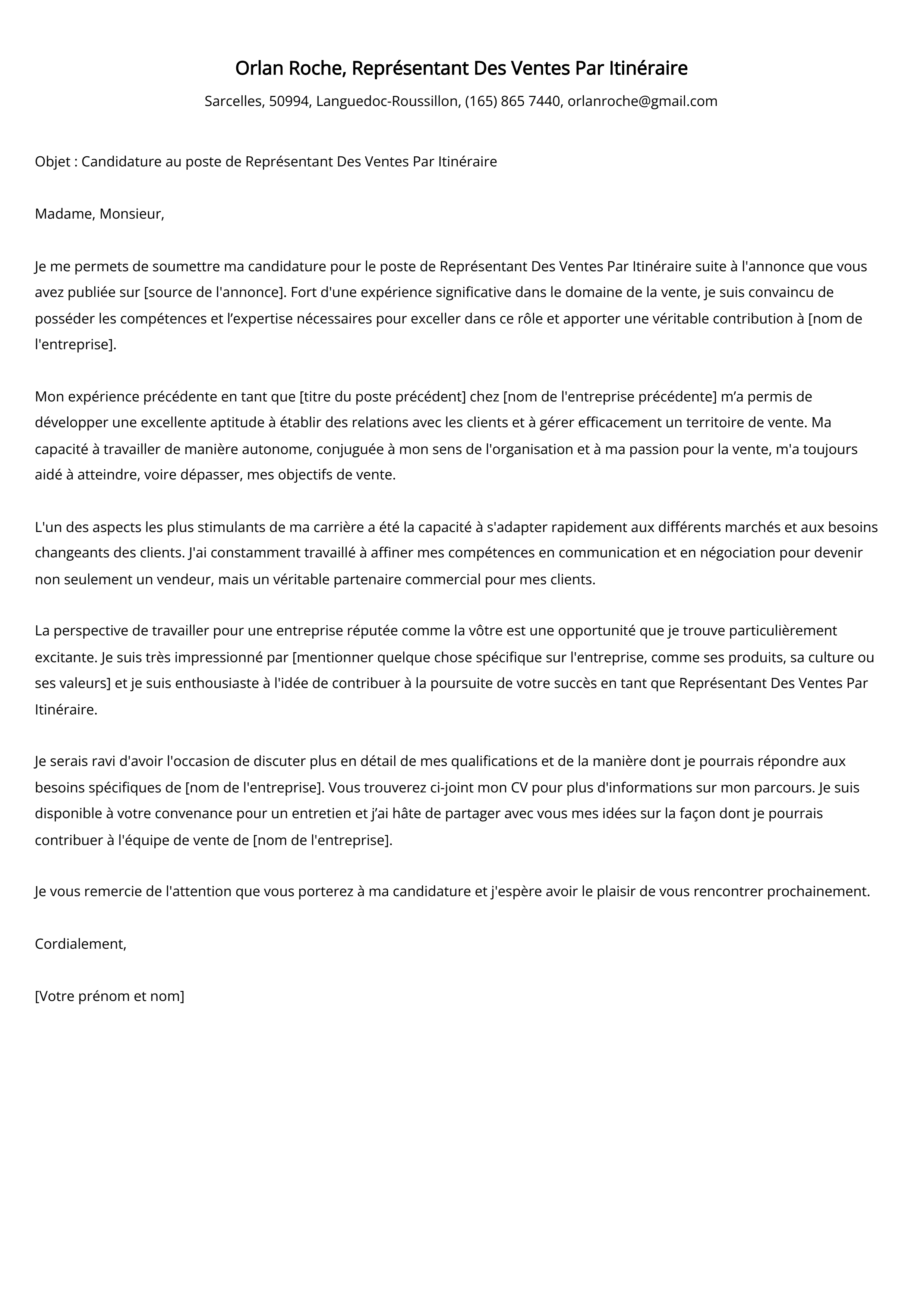 Représentant Des Ventes Par Itinéraire Cover Letter Example