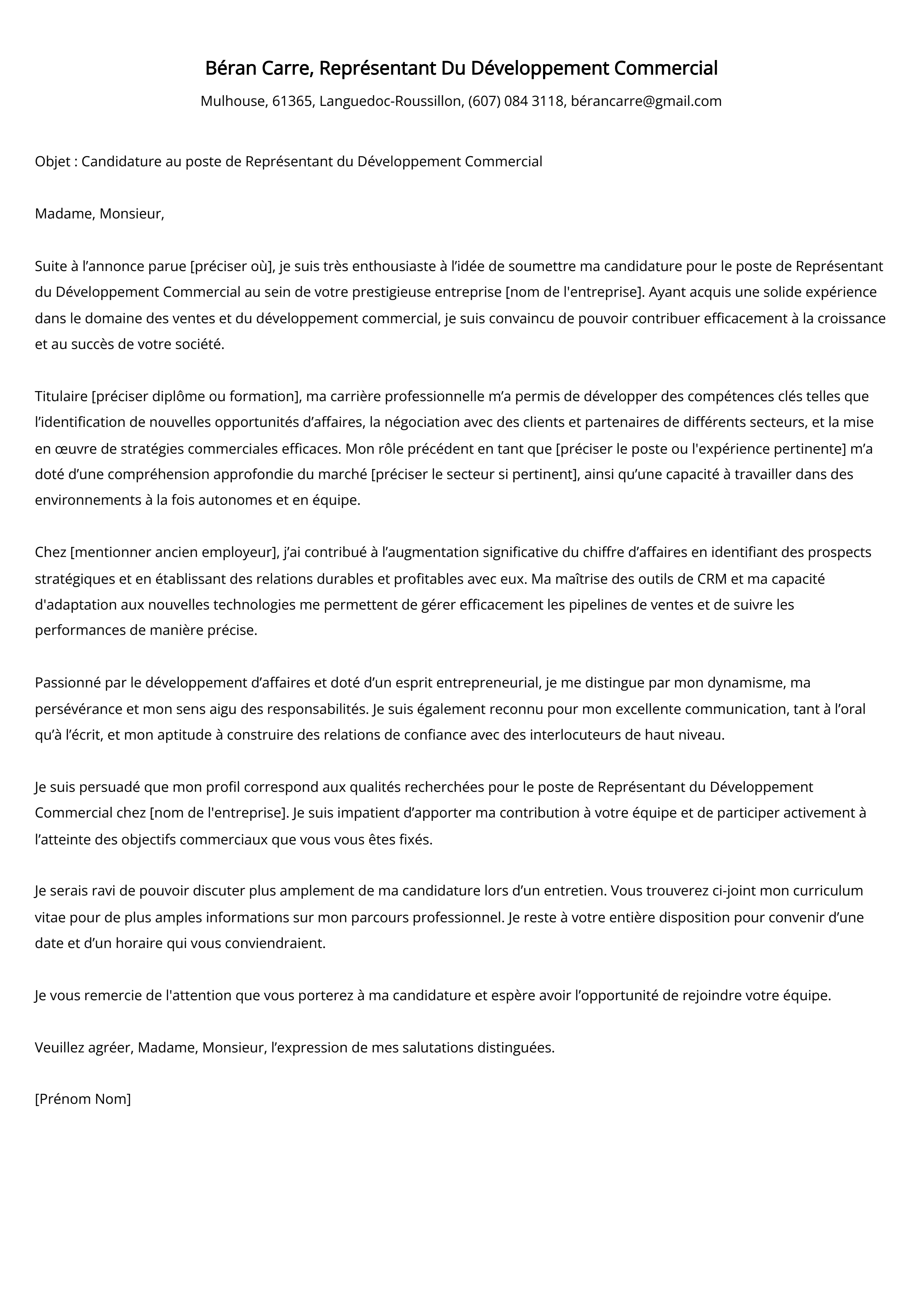 Représentant Du Développement Commercial Cover Letter Example